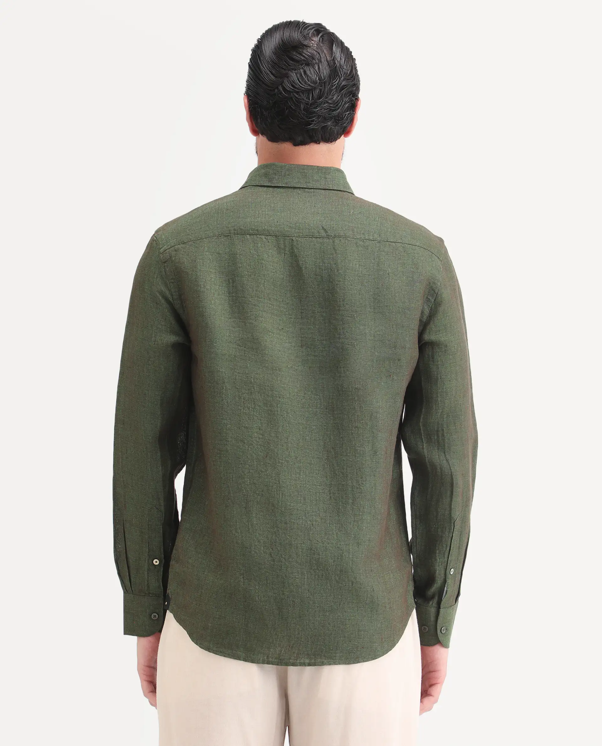 Rare Rabbit Men's Borium-D-26 Dark Green 100% Linen Full Sleeve Spread Collar Regular Fit Plain Shirt - Image 7