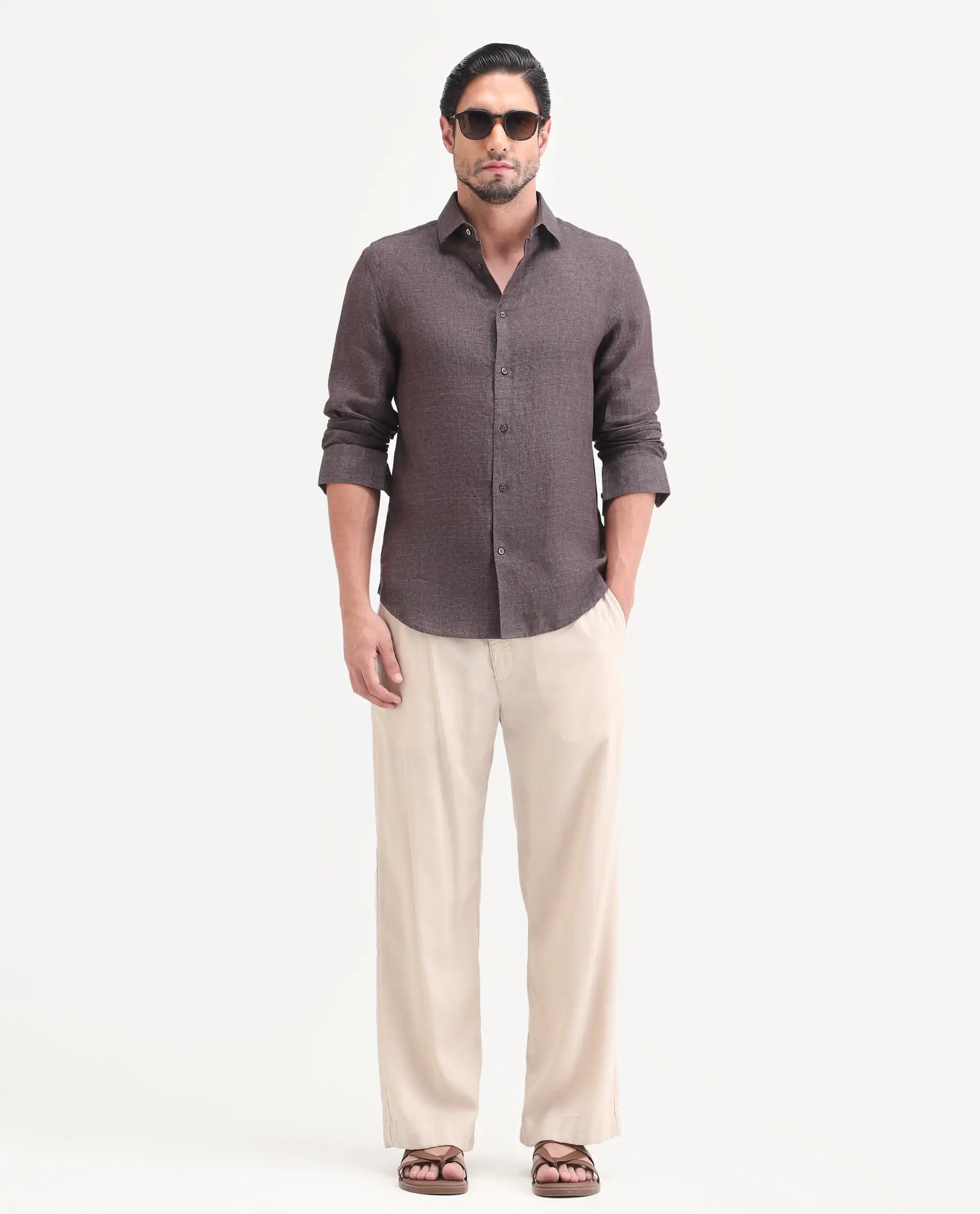 Rare Rabbit Men's Borium-D-26 Dark Grey 100% Linen Full Sleeve Spread Collar Regular Fit Plain Shirt - Image 2