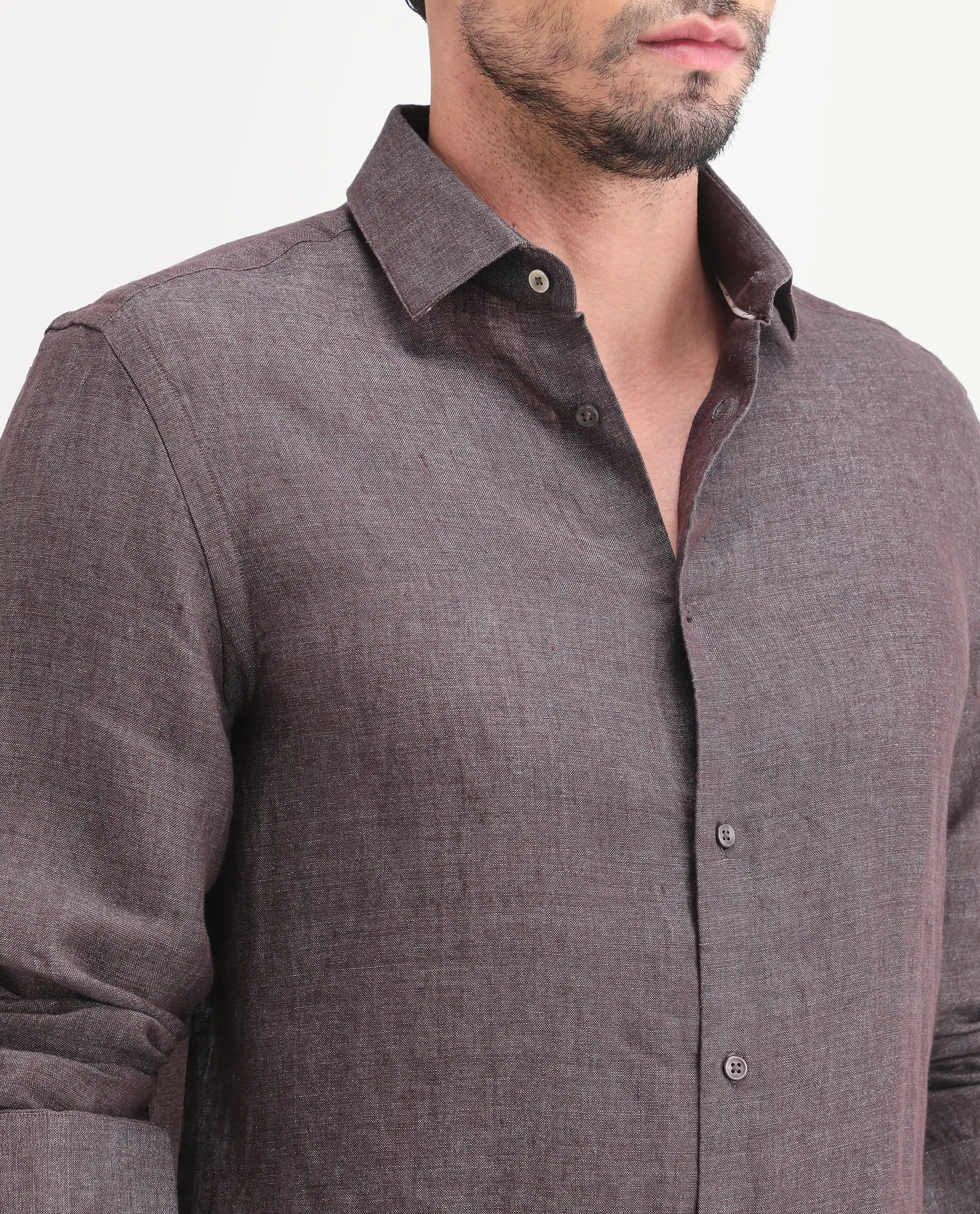 Rare Rabbit Men's Borium-D-26 Dark Grey 100% Linen Full Sleeve Spread Collar Regular Fit Plain Shirt - Image 3