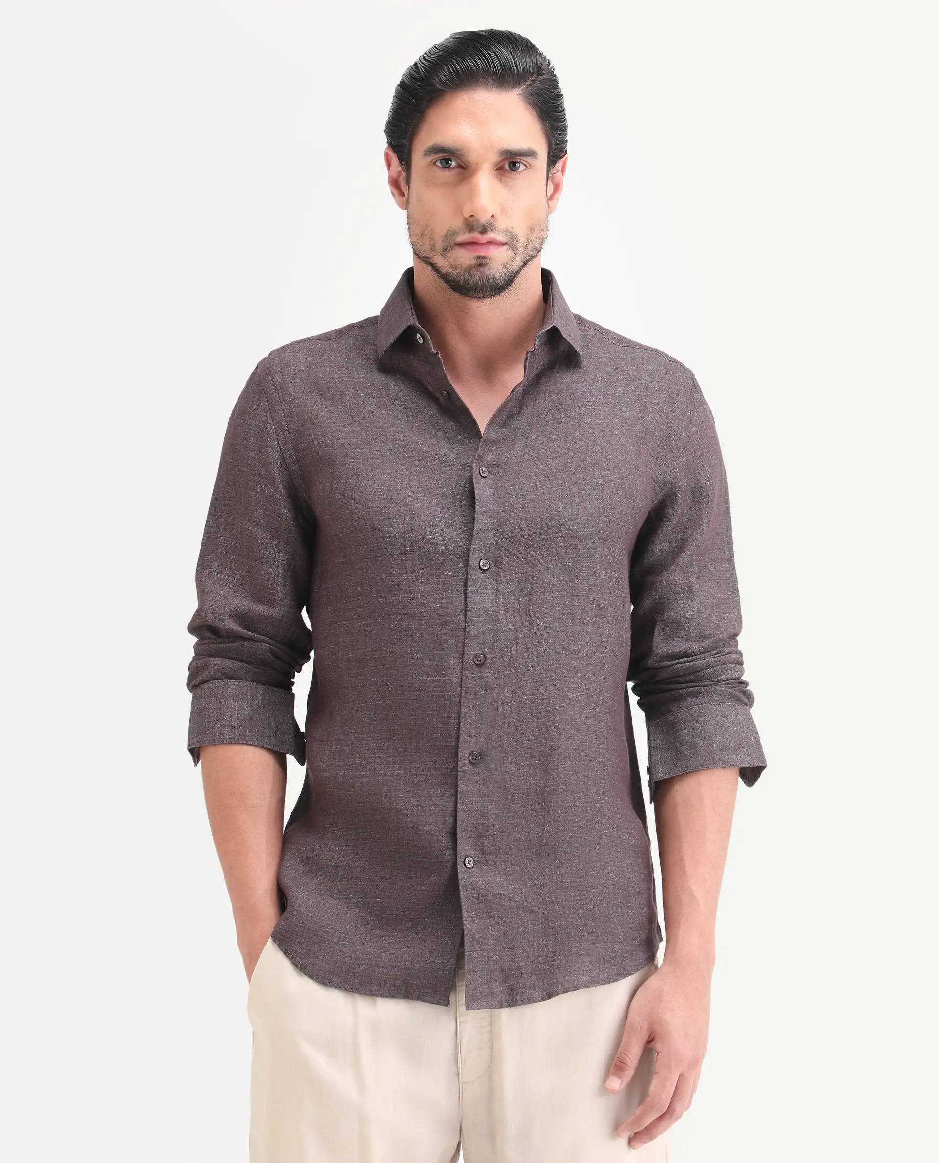 Rare Rabbit Men's Borium-D-26 Dark Grey 100% Linen Full Sleeve Spread Collar Regular Fit Plain Shirt - Image 4
