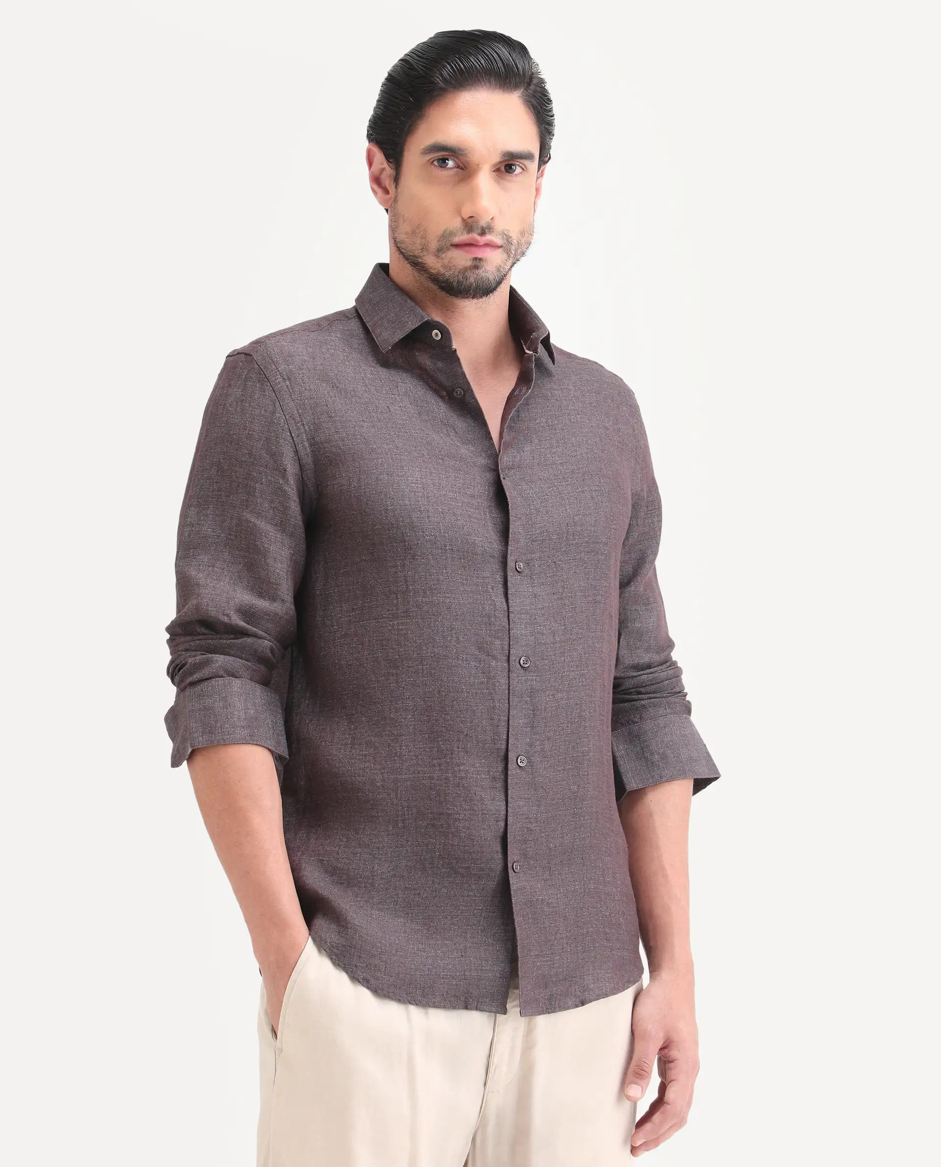 Rare Rabbit Men's Borium-D-26 Dark Grey 100% Linen Full Sleeve Spread Collar Regular Fit Plain Shirt - Image 5
