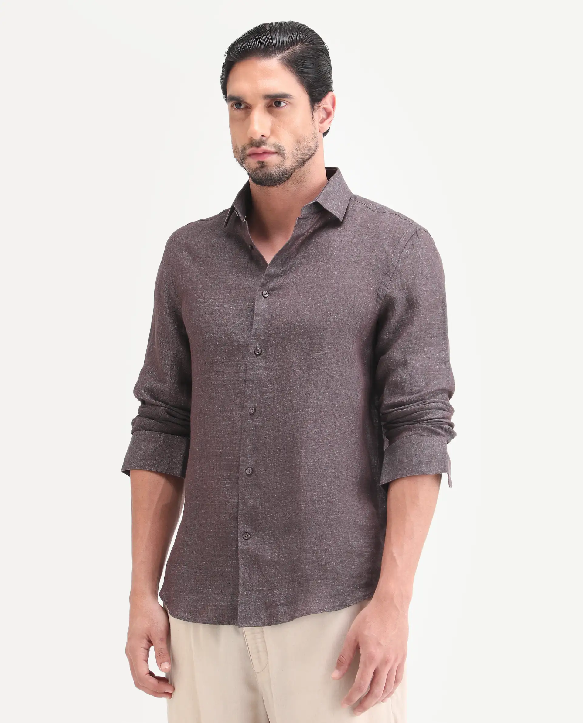 Rare Rabbit Men's Borium-D-26 Dark Grey 100% Linen Full Sleeve Spread Collar Regular Fit Plain Shirt - Image 6