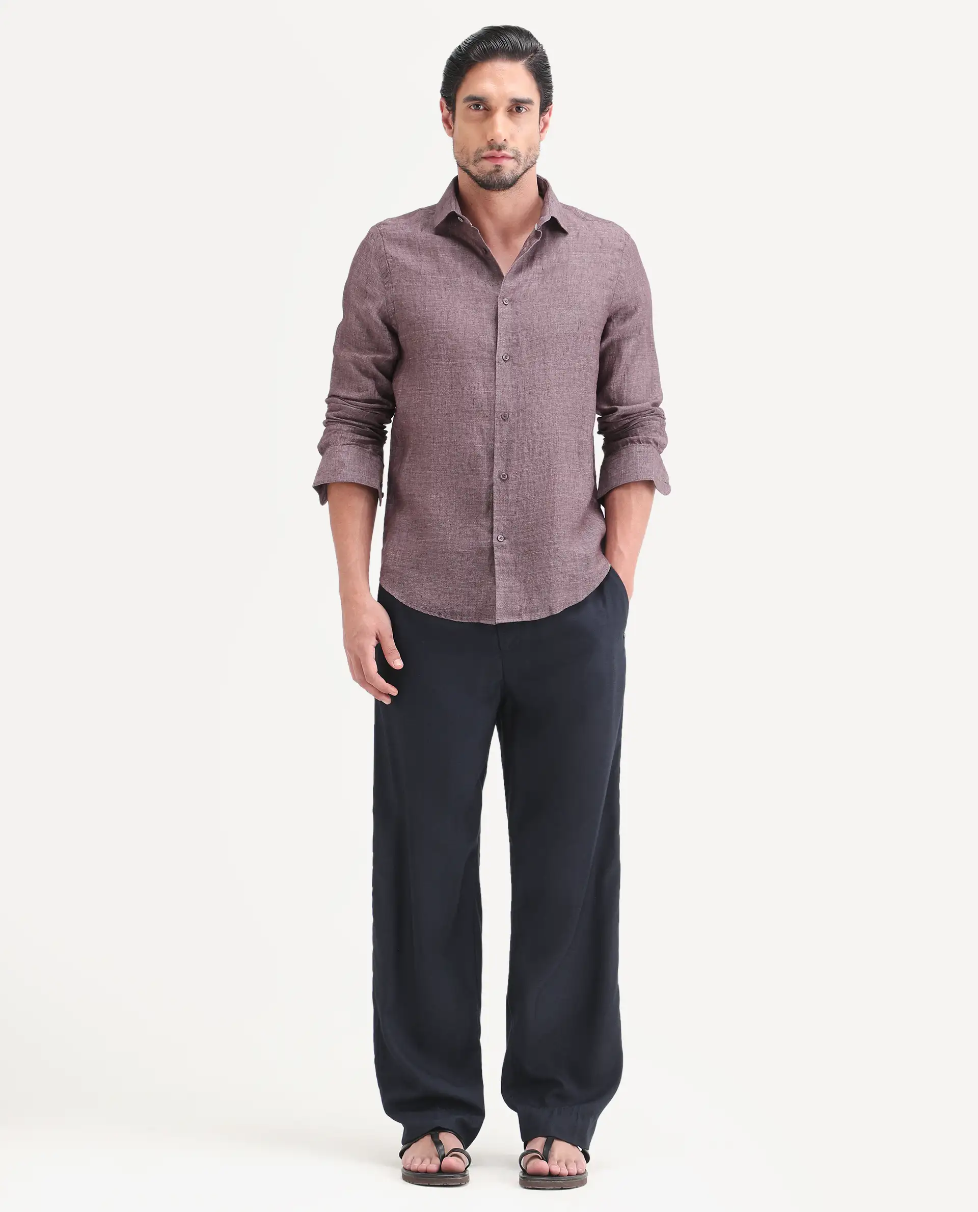 Rare Rabbit Men's Borium-D-26 Dark Purple 100% Linen Full Sleeve Spread Collar Regular Fit Plain Shirt - Image 2