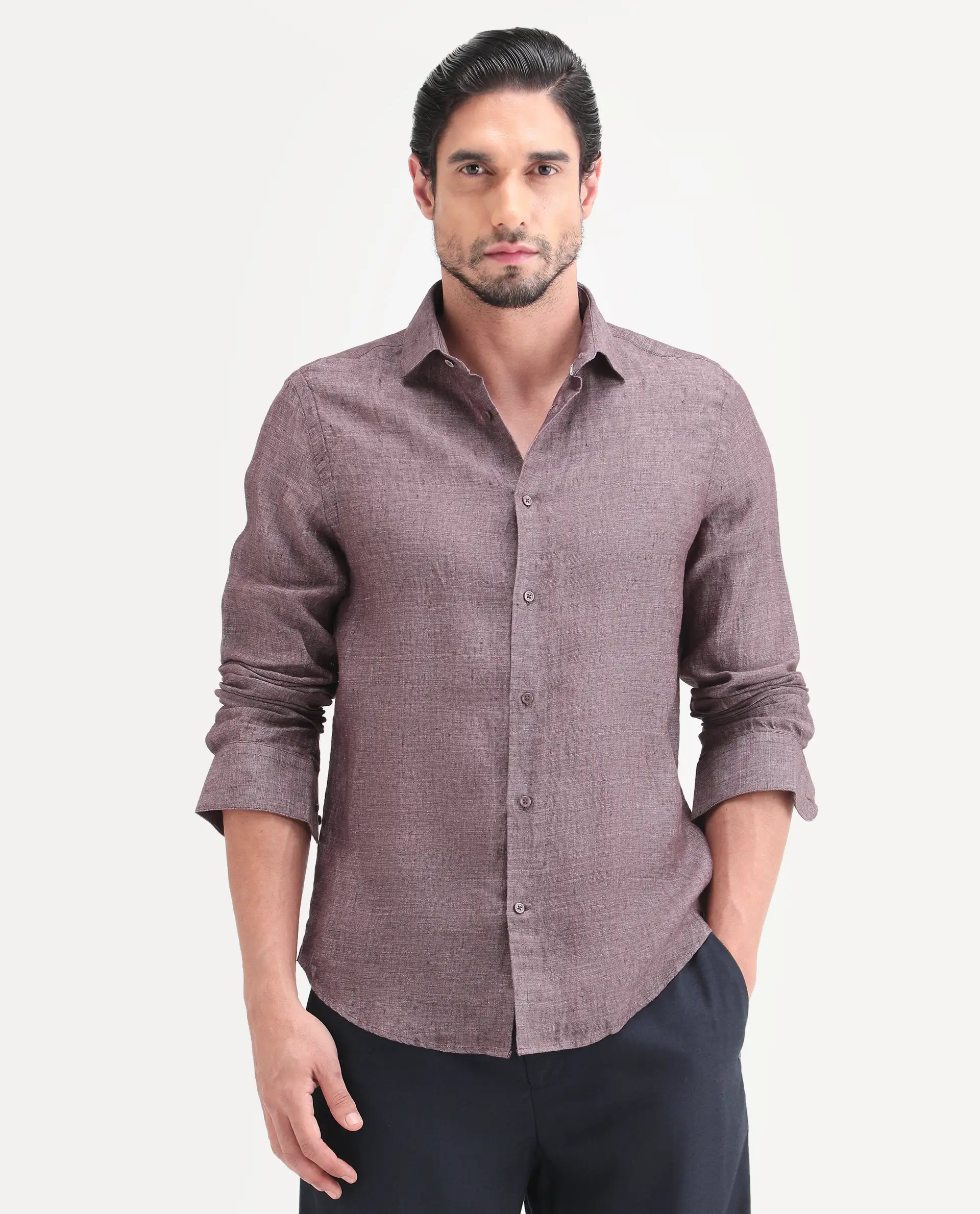 Rare Rabbit Men's Borium-D-26 Dark Purple 100% Linen Full Sleeve Spread Collar Regular Fit Plain Shirt - Image 4