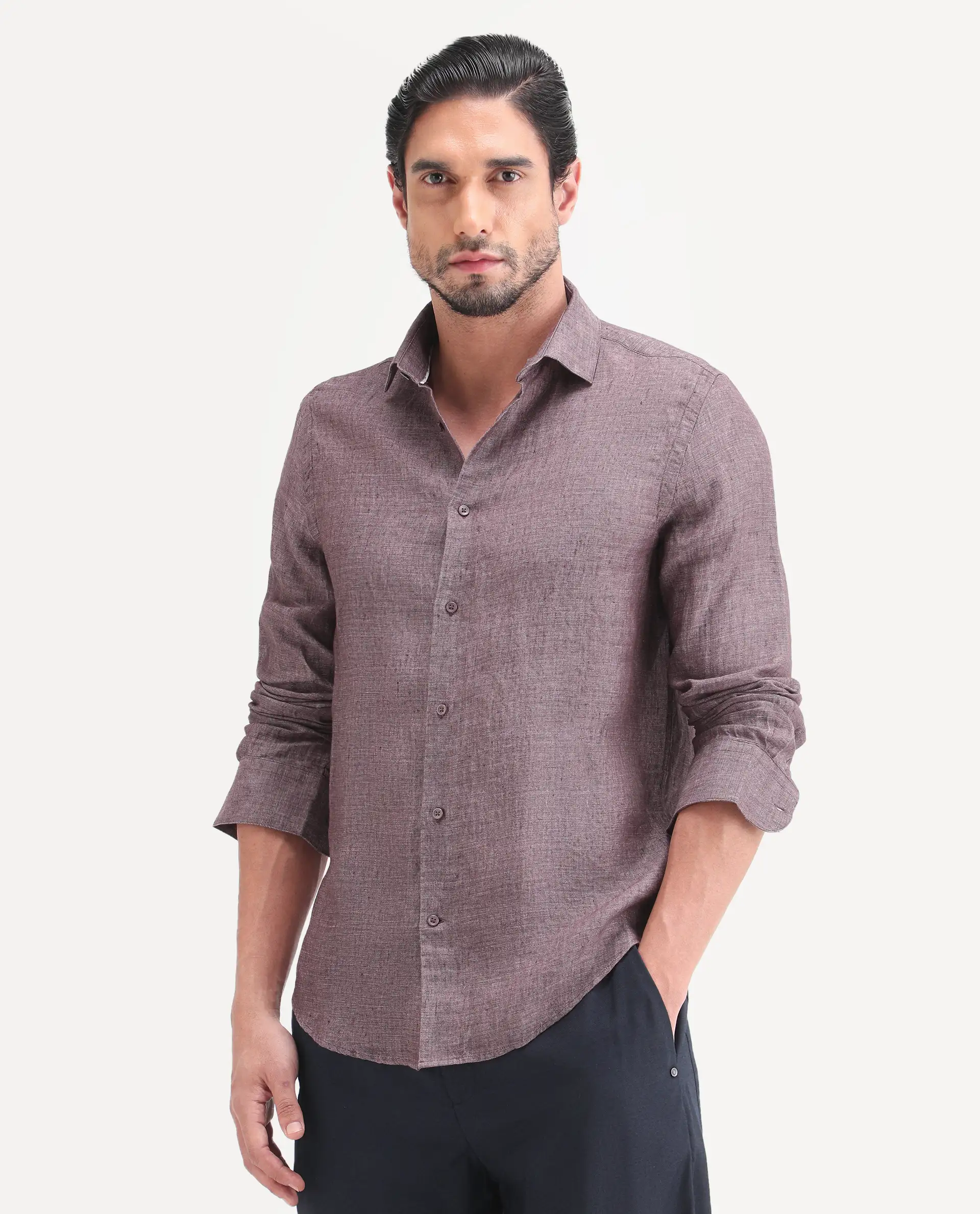 Rare Rabbit Men's Borium-D-26 Dark Purple 100% Linen Full Sleeve Spread Collar Regular Fit Plain Shirt - Image 5