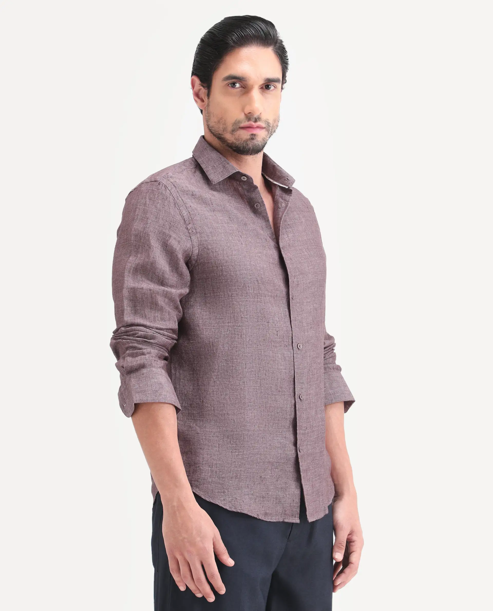 Rare Rabbit Men's Borium-D-26 Dark Purple 100% Linen Full Sleeve Spread Collar Regular Fit Plain Shirt - Image 6
