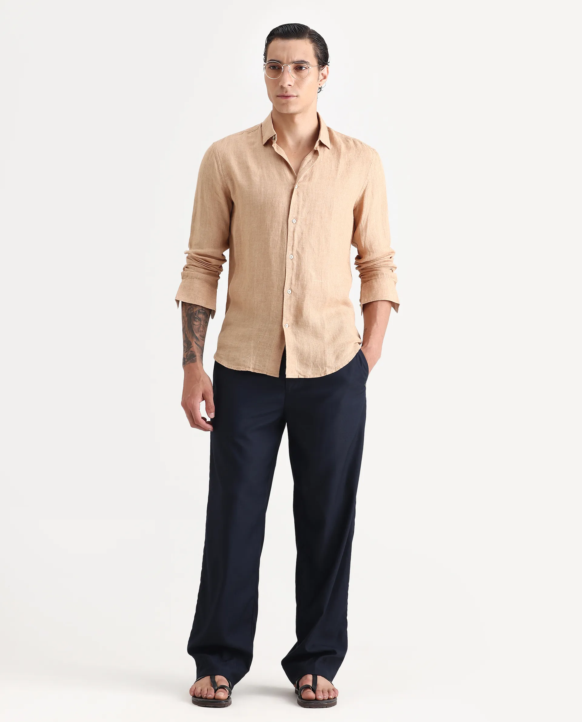 Rare Rabbit Men's Borium Beige 100% Linen Plain Regular Fit Full Sleeve Collared Shirt - Image 2