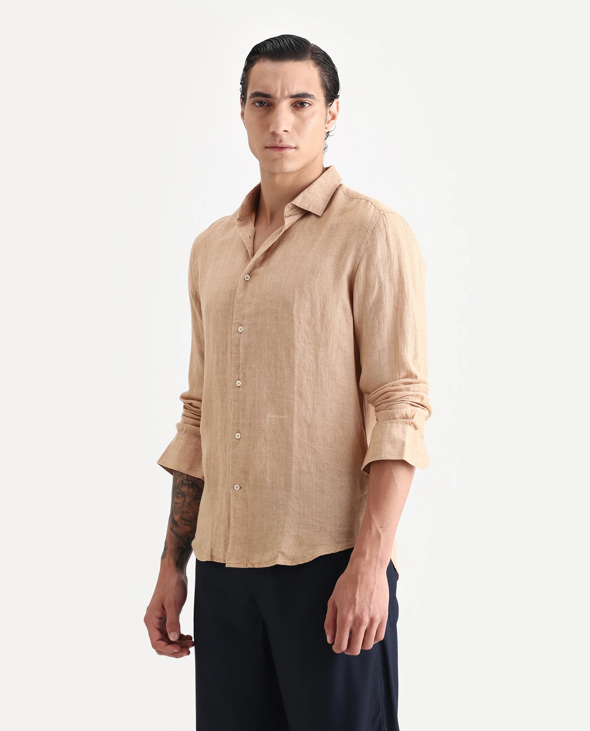 Rare Rabbit Men's Borium Beige 100% Linen Plain Regular Fit Full Sleeve Collared Shirt - Image 4