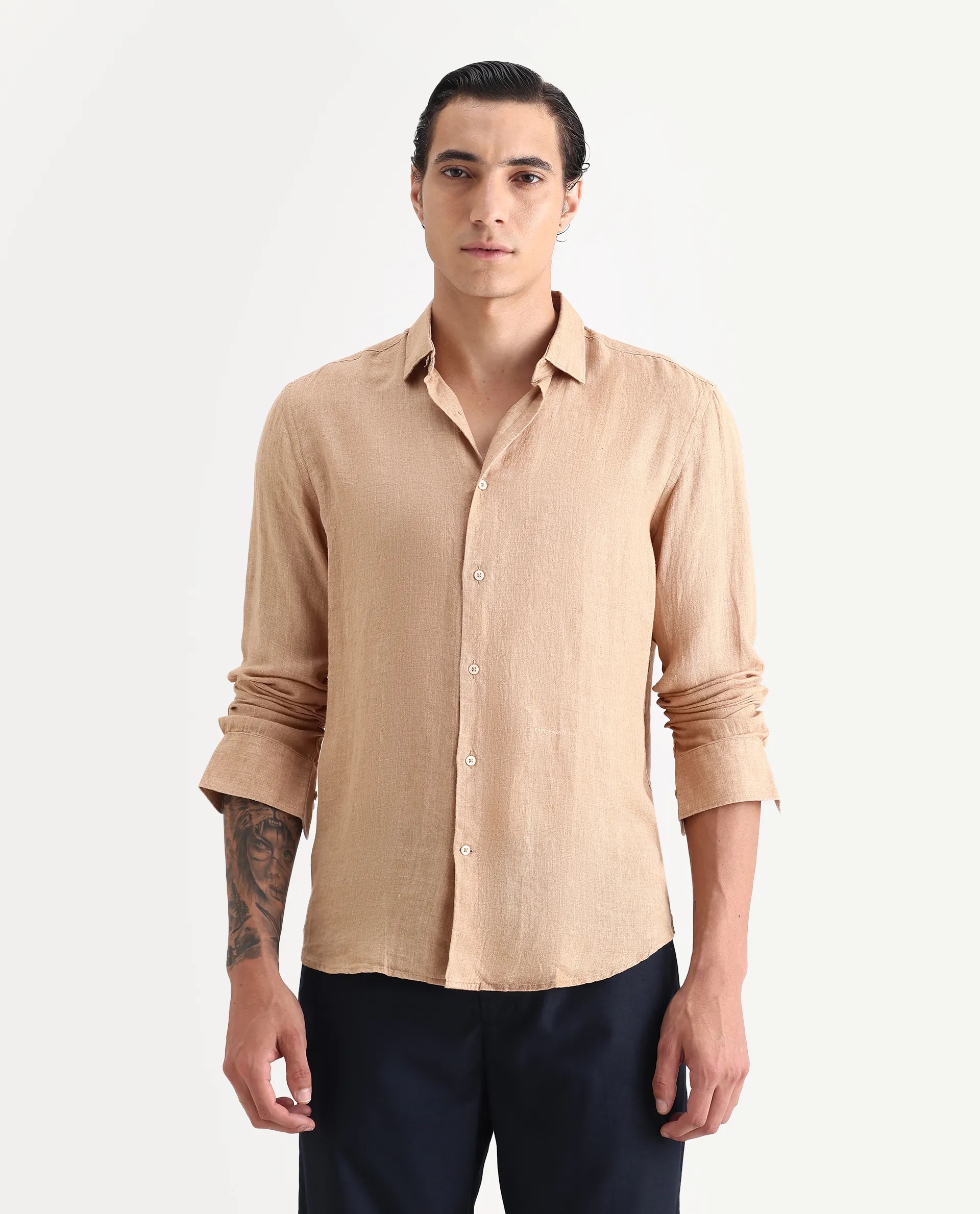 Rare Rabbit Men's Borium Beige 100% Linen Plain Regular Fit Full Sleeve Collared Shirt - Image 5