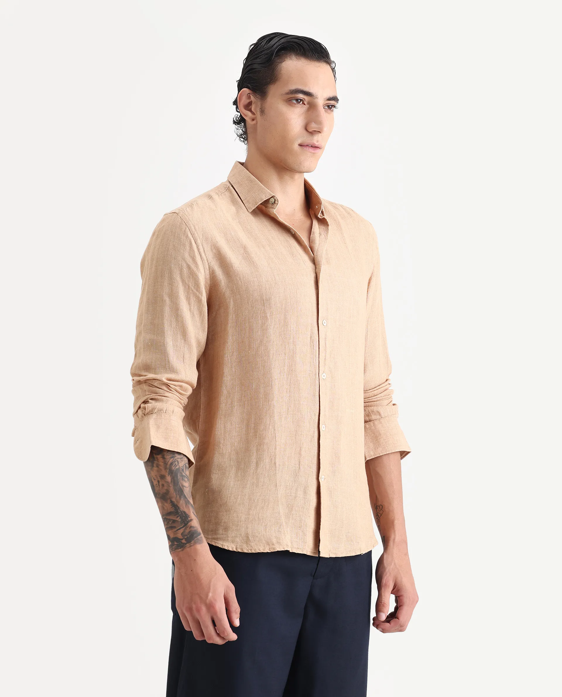 Rare Rabbit Men's Borium Beige 100% Linen Plain Regular Fit Full Sleeve Collared Shirt - Image 6
