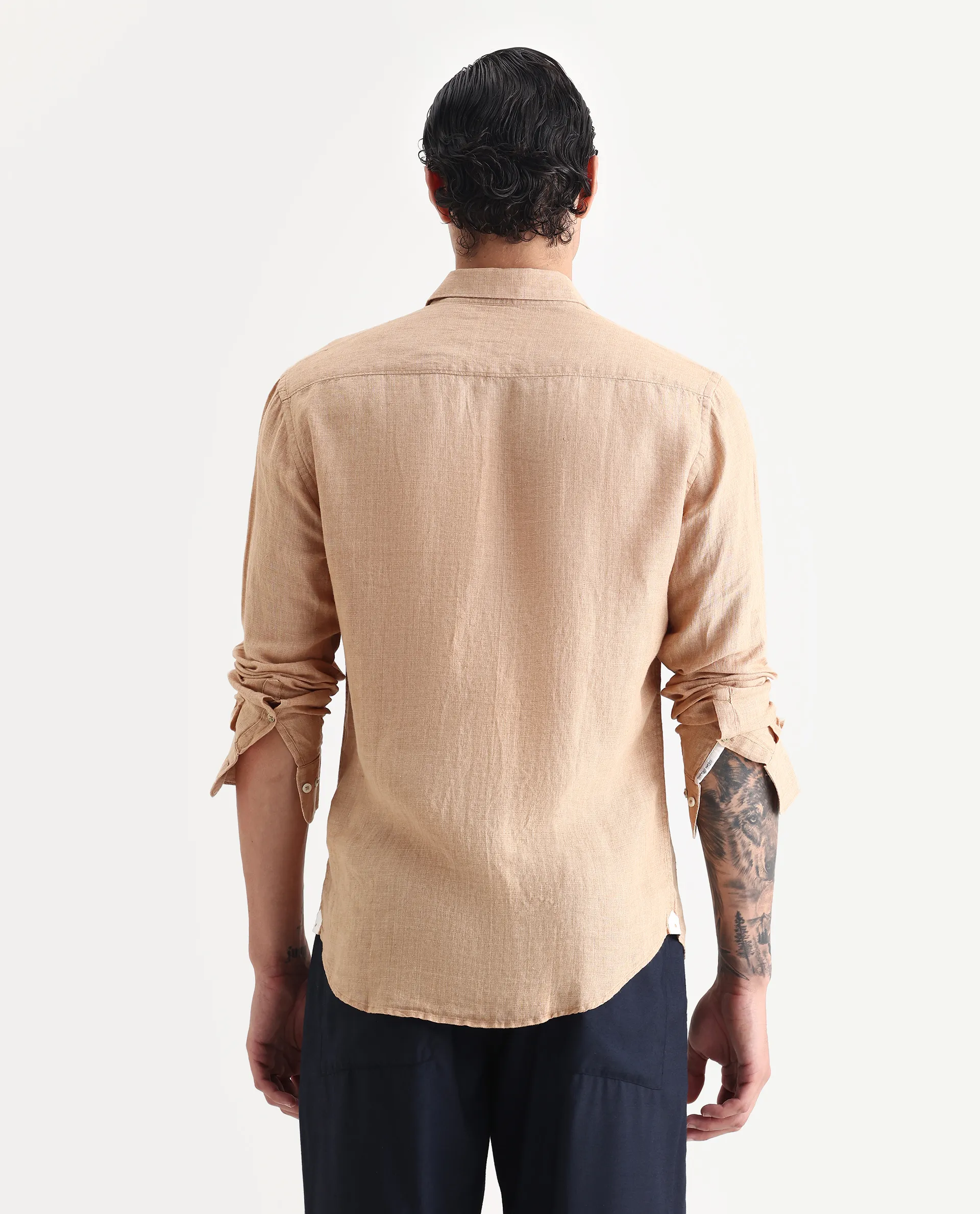 Rare Rabbit Men's Borium Beige 100% Linen Plain Regular Fit Full Sleeve Collared Shirt - Image 7