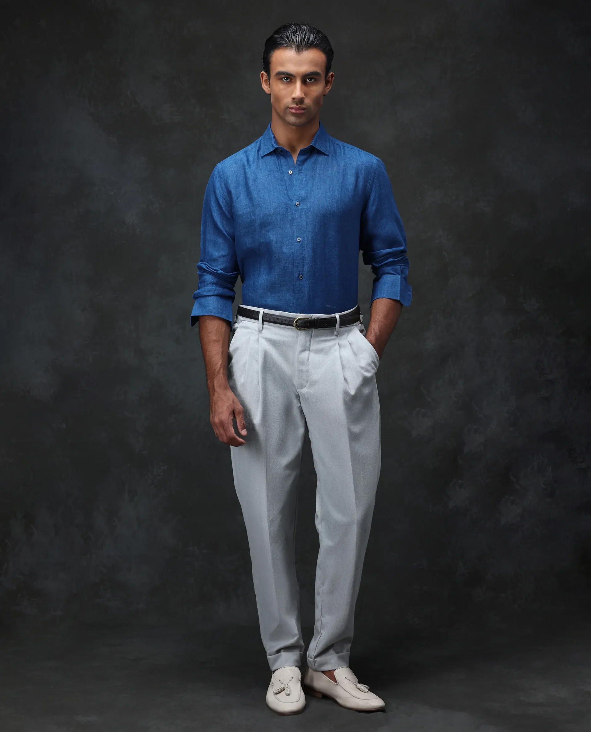Rare Rabbit Men's Borium Blue 100% Linen Plain Regular Fit Full Sleeve Collared Shirt - Image 2