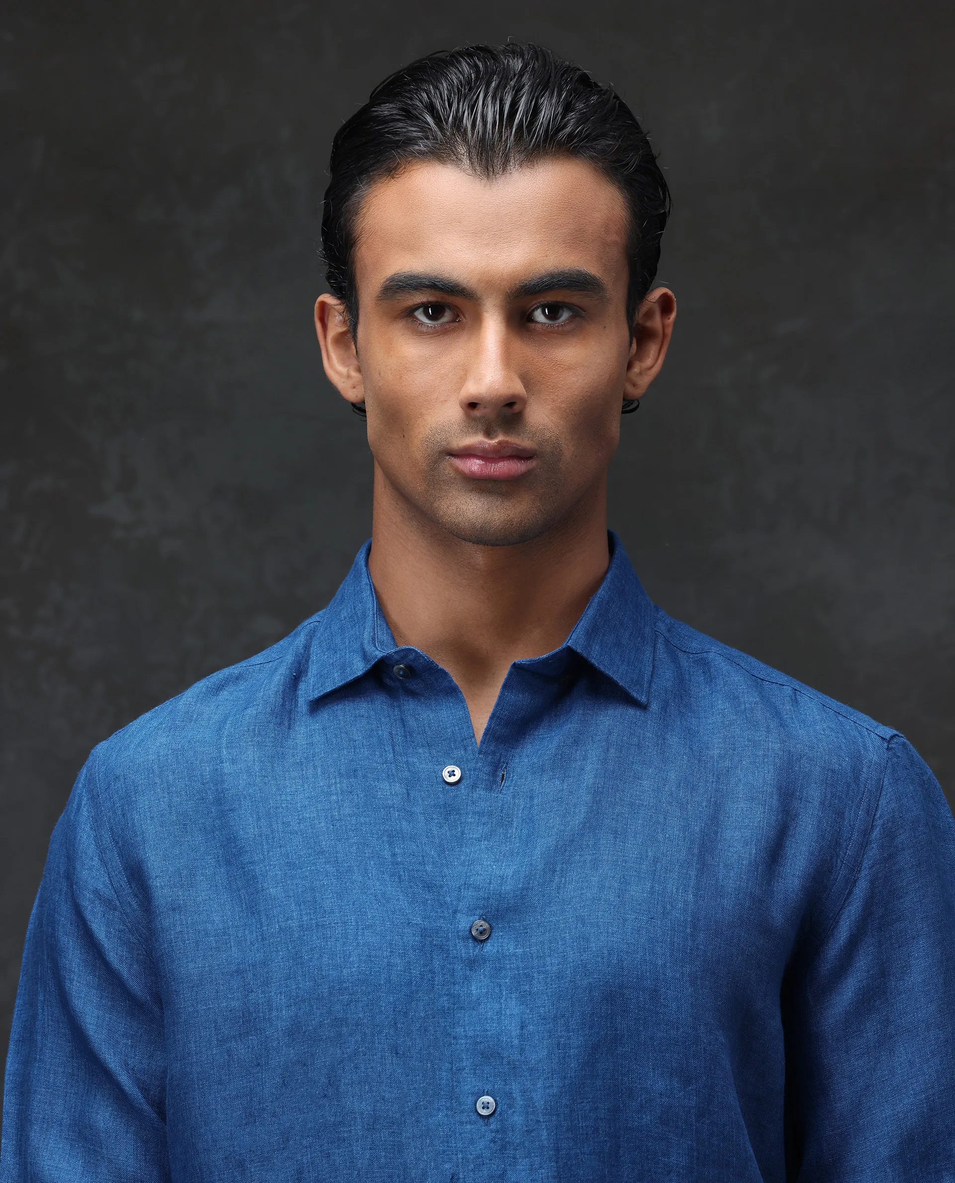 Rare Rabbit Men's Borium Blue 100% Linen Plain Regular Fit Full Sleeve Collared Shirt - Image 3
