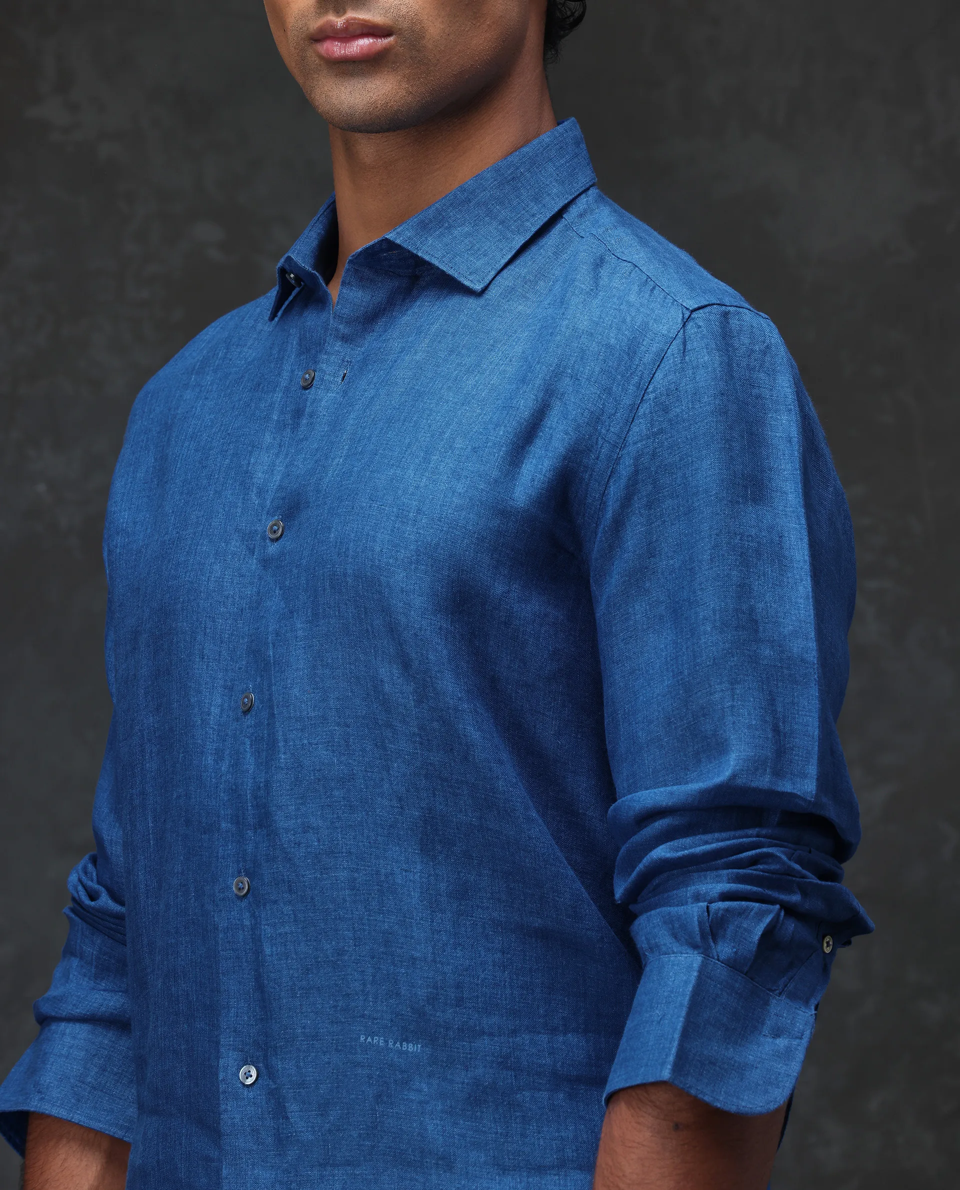 Rare Rabbit Men's Borium Blue 100% Linen Plain Regular Fit Full Sleeve Collared Shirt - Image 4
