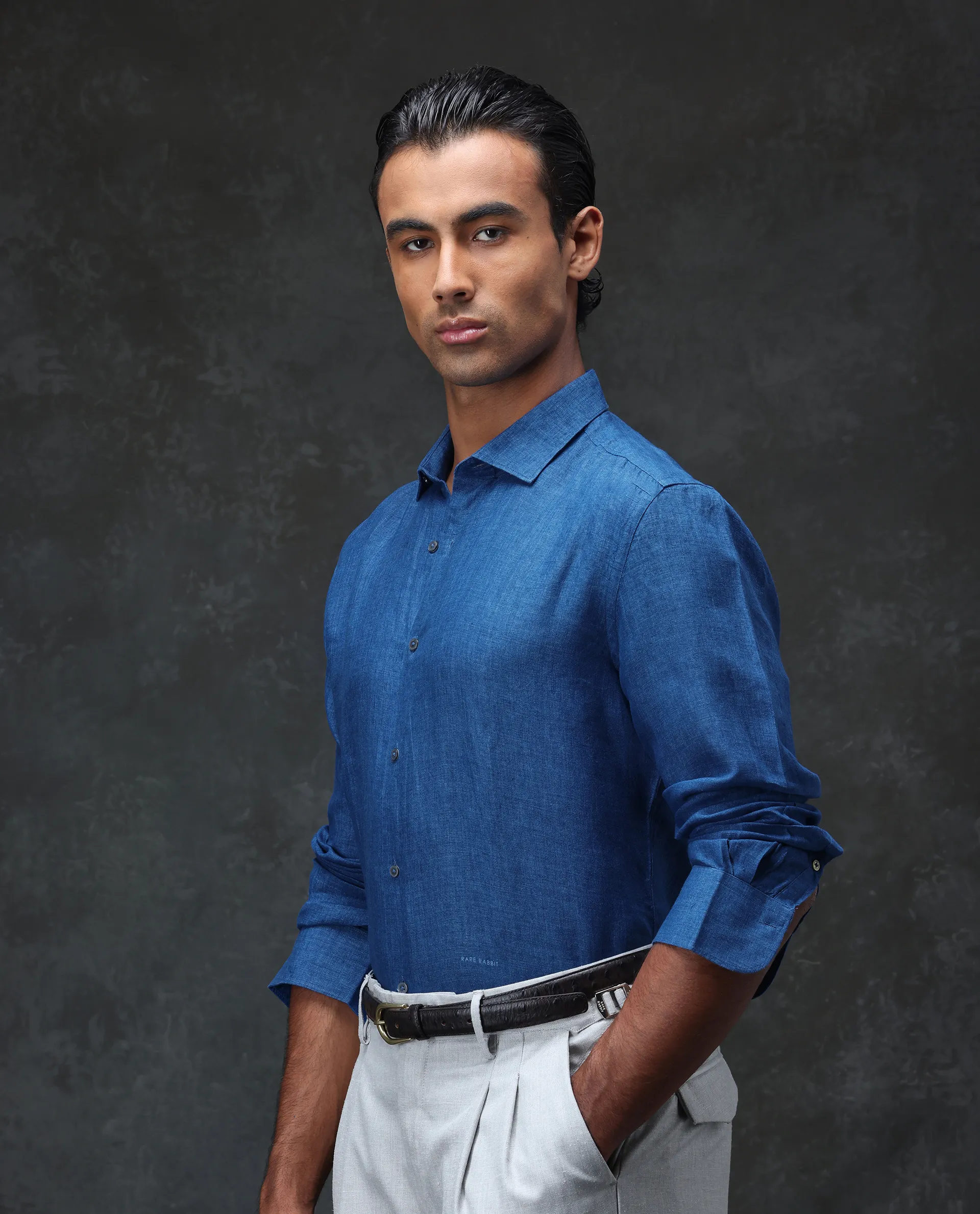 Rare Rabbit Men's Borium Blue 100% Linen Plain Regular Fit Full Sleeve Collared Shirt - Image 5