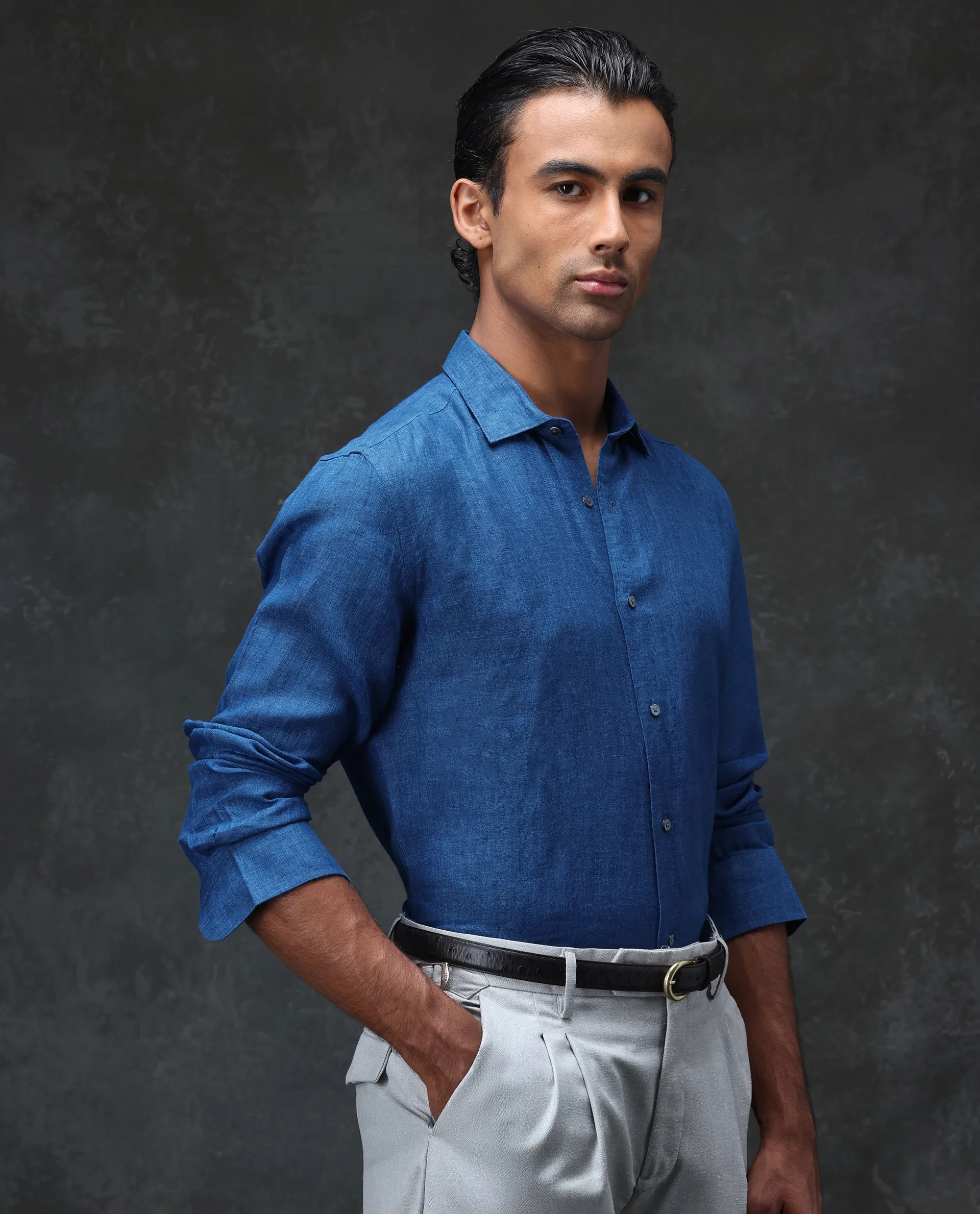 Rare Rabbit Men's Borium Blue 100% Linen Plain Regular Fit Full Sleeve Collared Shirt - Image 6