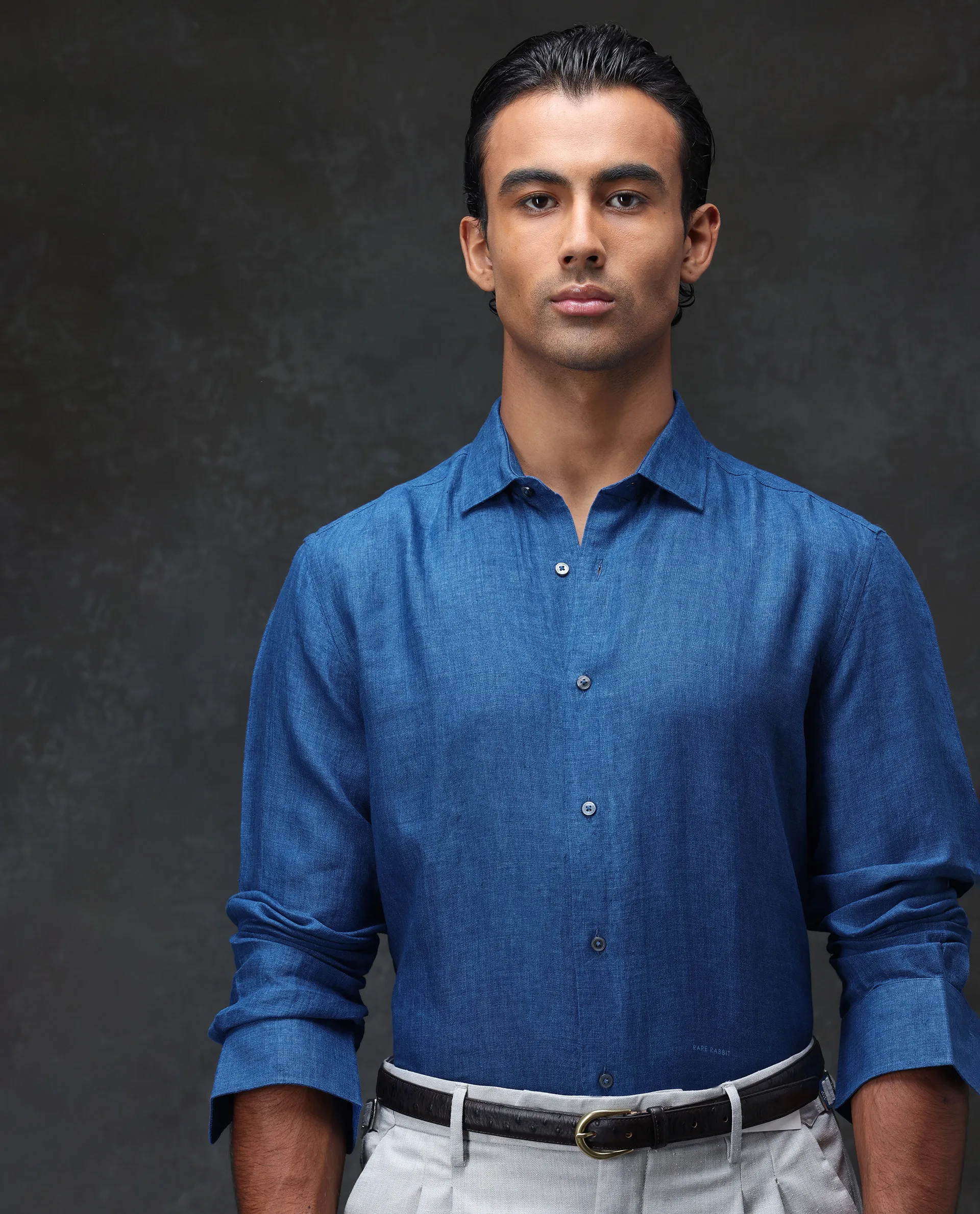 Rare Rabbit Men's Borium Blue 100% Linen Plain Regular Fit Full Sleeve Collared Shirt - Image 7
