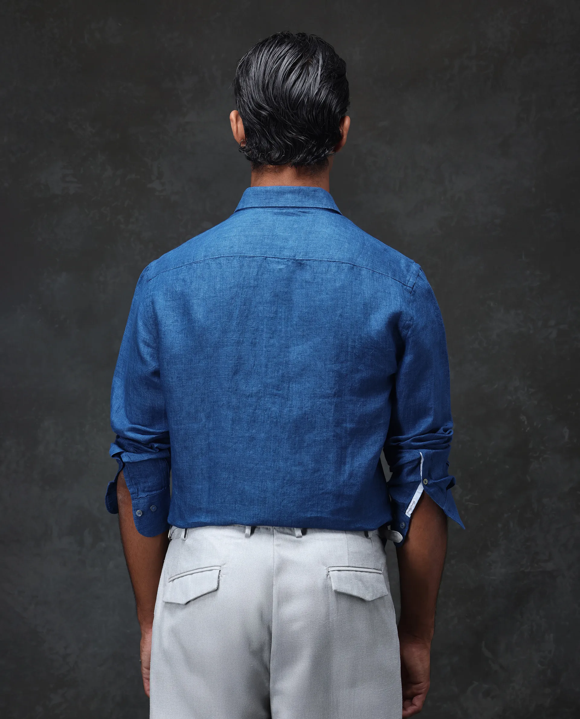 Rare Rabbit Men's Borium Blue 100% Linen Plain Regular Fit Full Sleeve Collared Shirt - Image 8