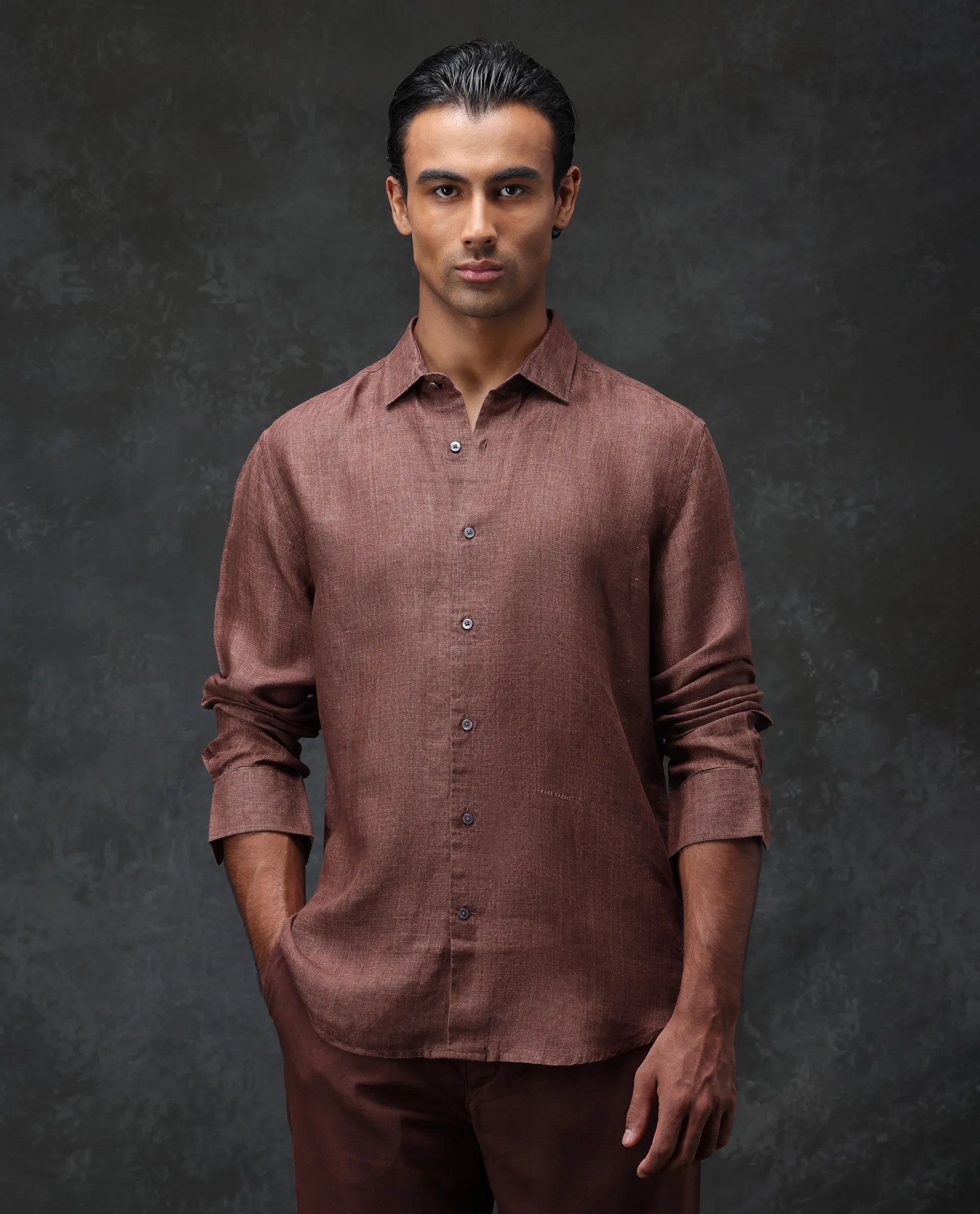 Rare Rabbit Men's Borium Dark Brown 100% Linen Plain Regular Fit Full Sleeve Spread Collar Shirt