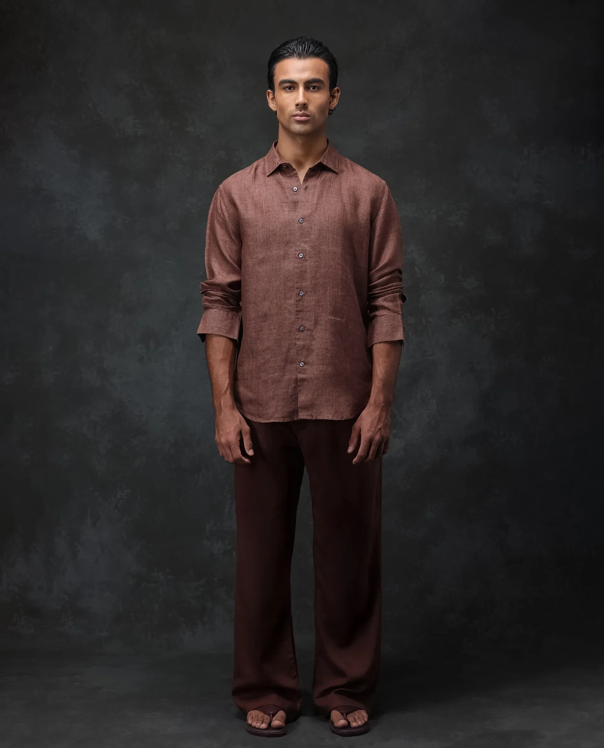 Rare Rabbit Men's Borium Dark Brown 100% Linen Plain Regular Fit Full Sleeve Spread Collar Shirt - Image 2