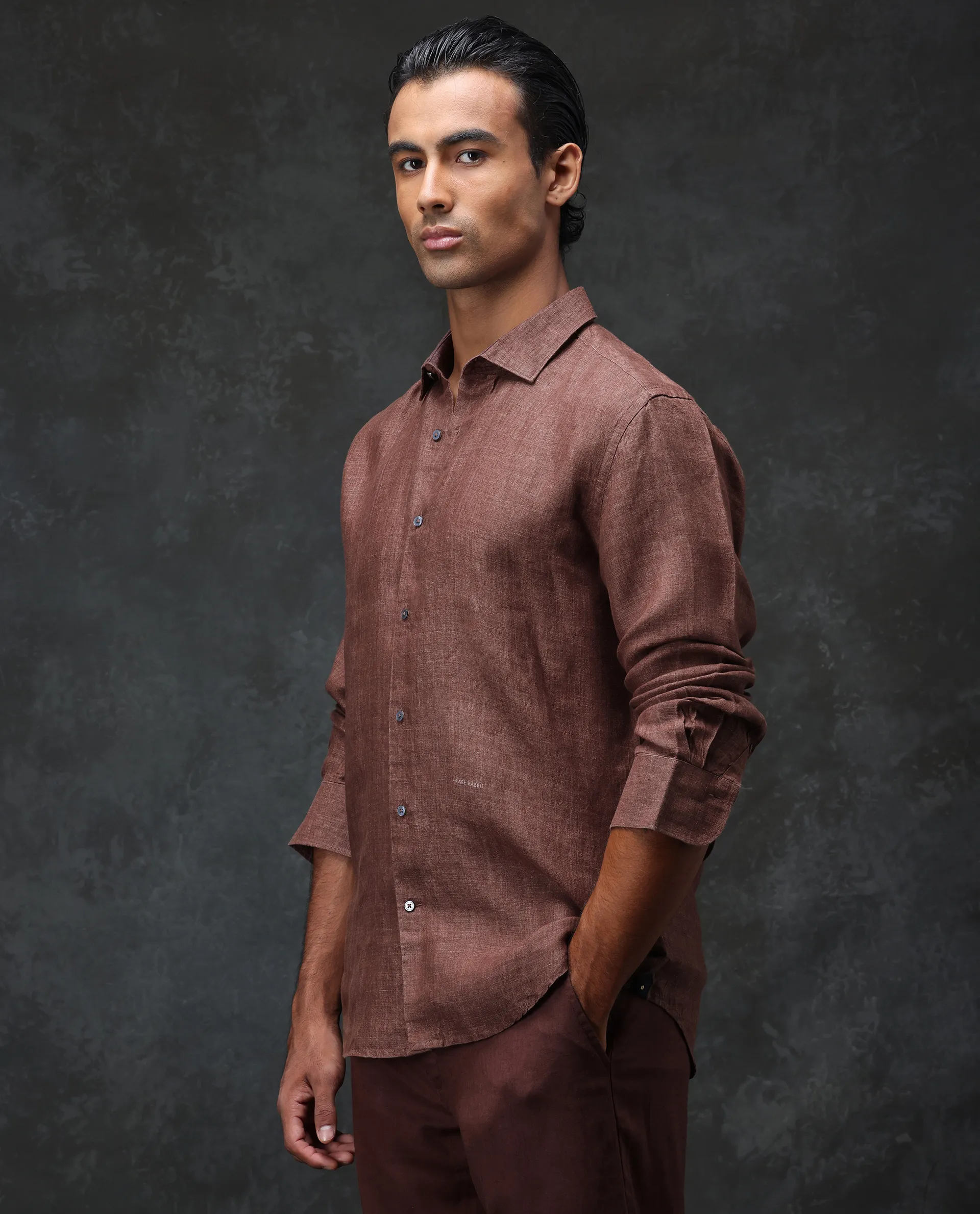 Rare Rabbit Men's Borium Dark Brown 100% Linen Plain Regular Fit Full Sleeve Spread Collar Shirt - Image 3