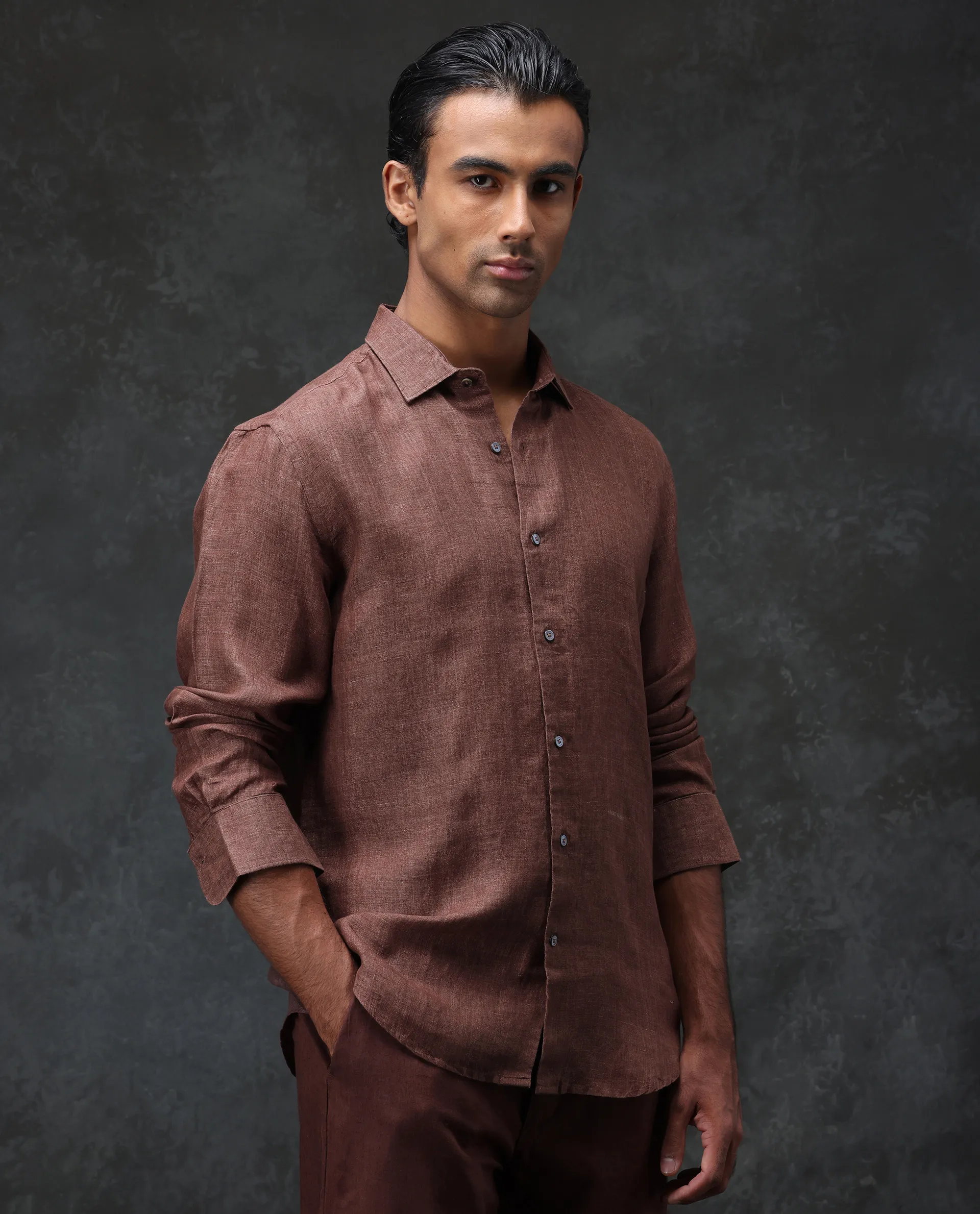 Rare Rabbit Men's Borium Dark Brown 100% Linen Plain Regular Fit Full Sleeve Spread Collar Shirt - Image 4