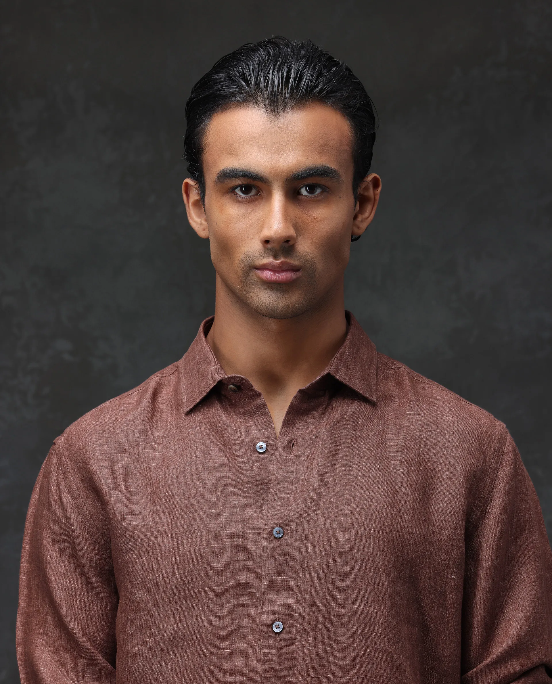 Rare Rabbit Men's Borium Dark Brown 100% Linen Plain Regular Fit Full Sleeve Spread Collar Shirt - Image 5