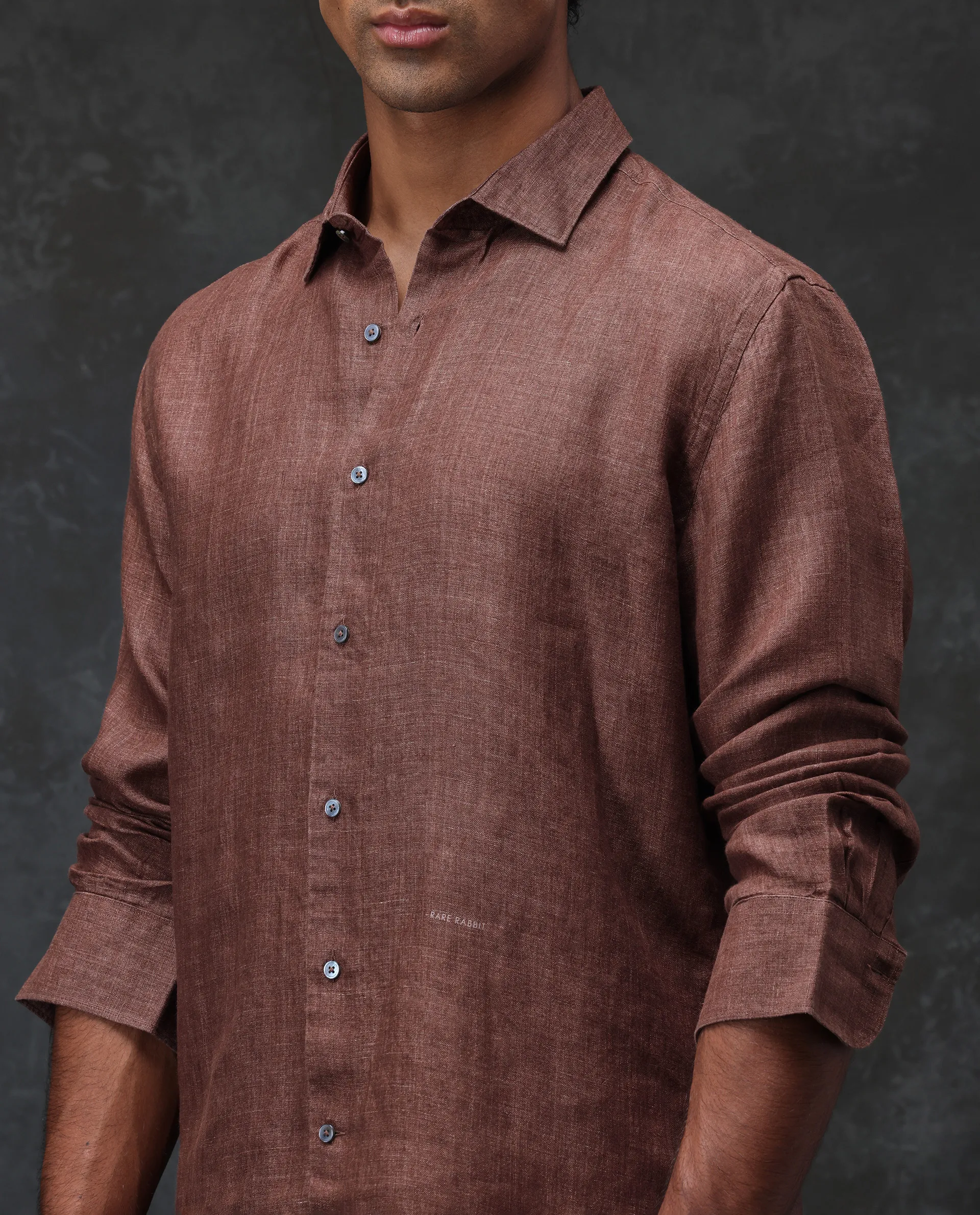 Rare Rabbit Men's Borium Dark Brown 100% Linen Plain Regular Fit Full Sleeve Spread Collar Shirt - Image 6