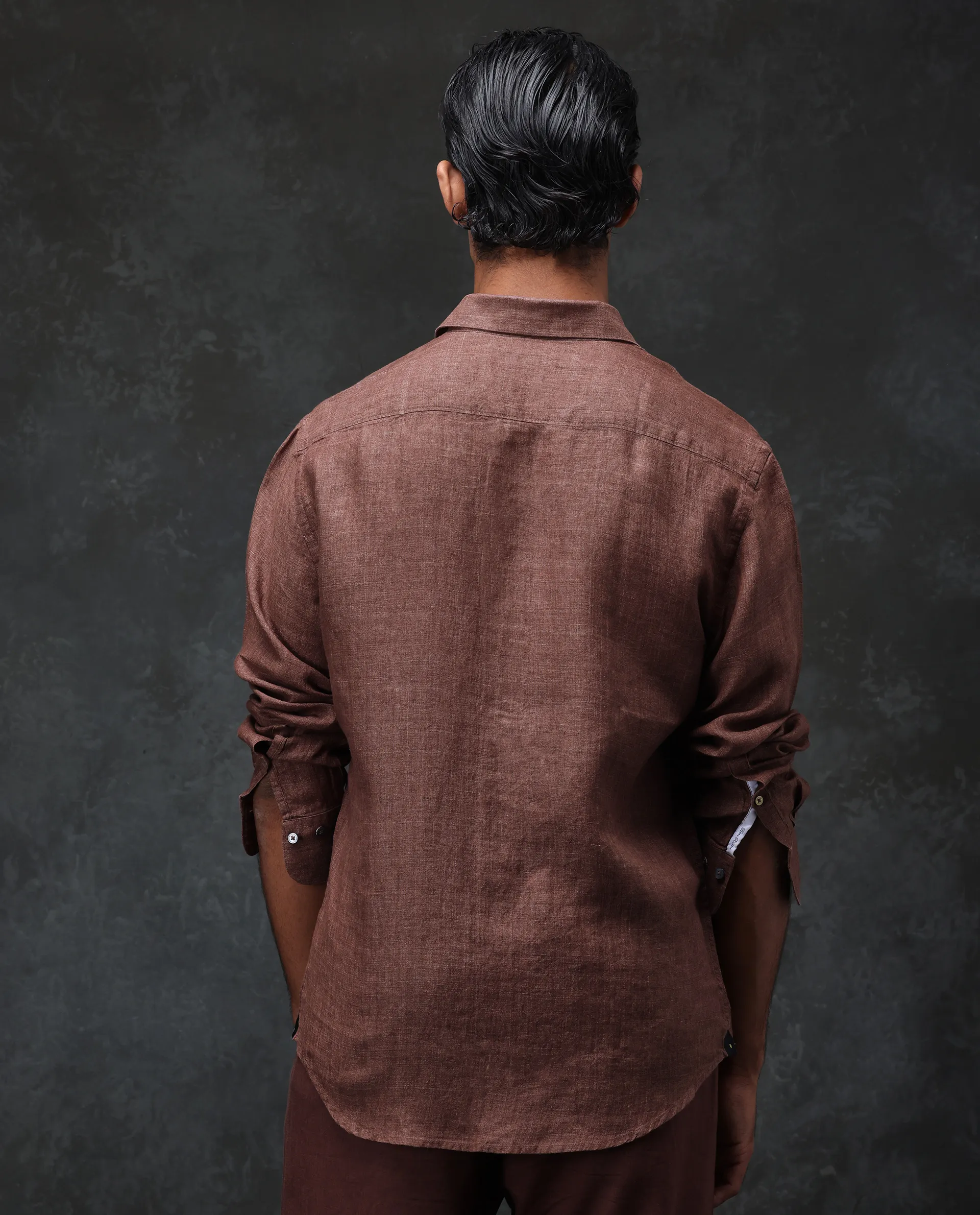 Rare Rabbit Men's Borium Dark Brown 100% Linen Plain Regular Fit Full Sleeve Spread Collar Shirt - Image 7