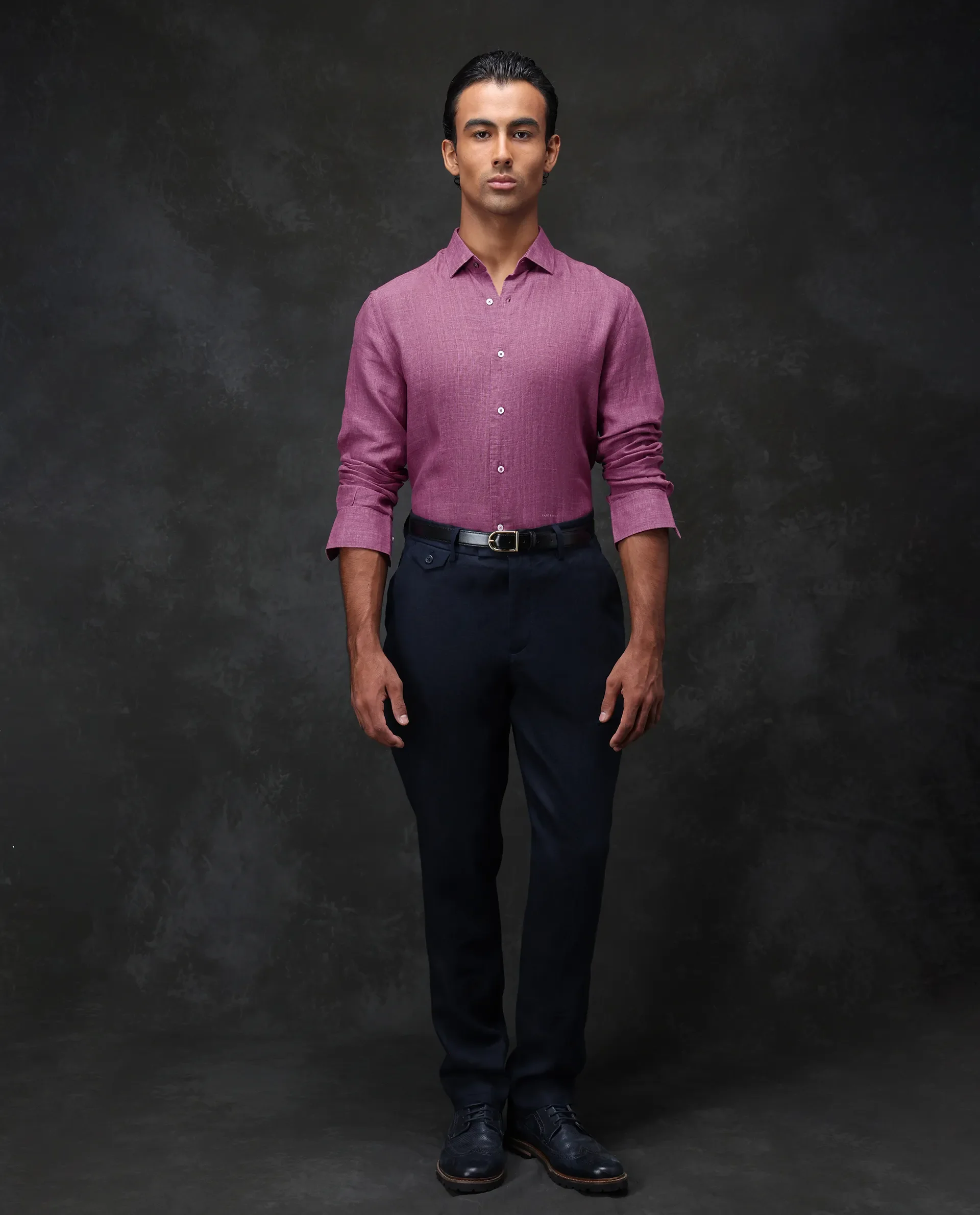 Rare Rabbit Men's Borium Dark Pink 100% Linen Plain Regular Fit Full Sleeve Collared Shirt - Image 2