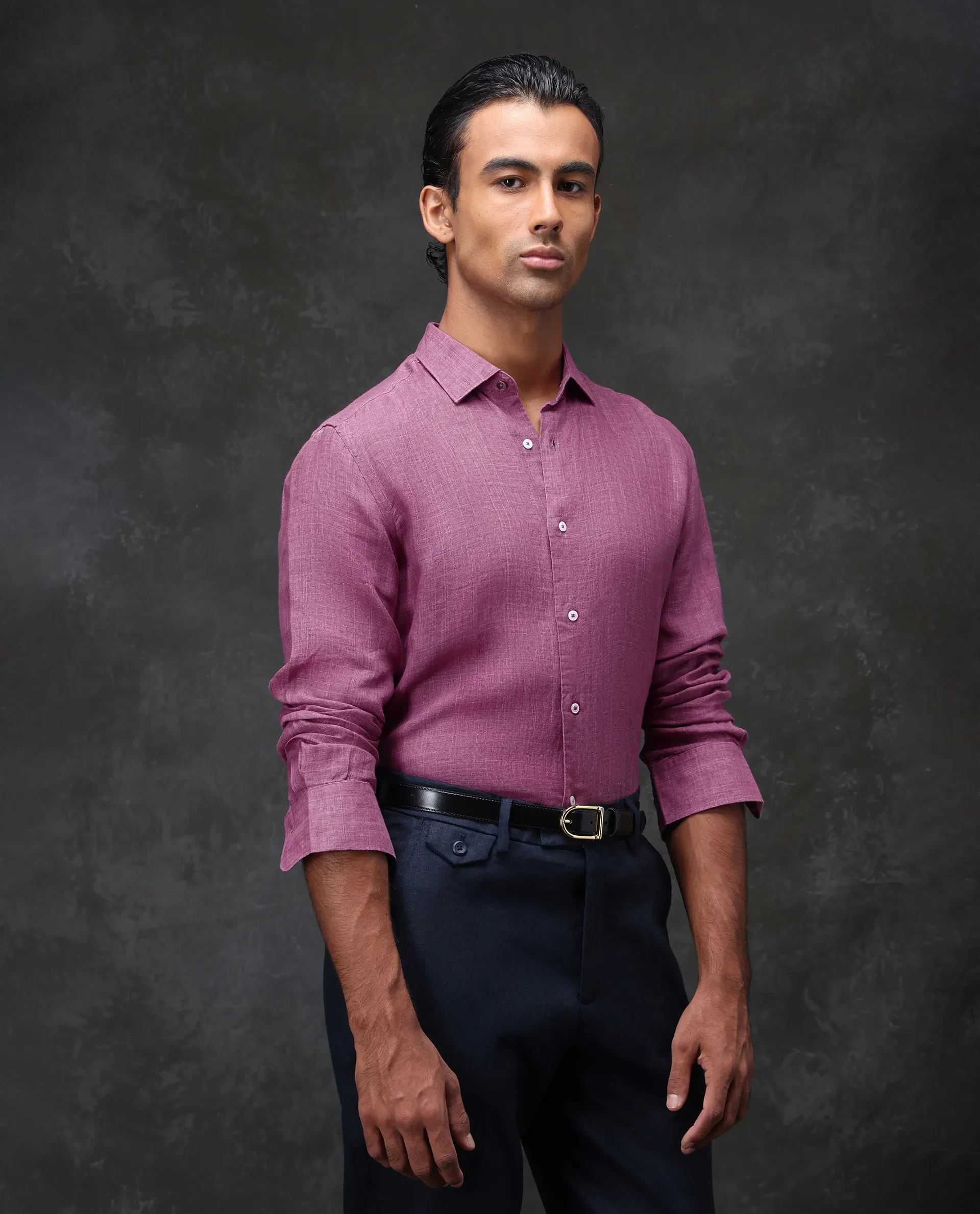 Rare Rabbit Men's Borium Dark Pink 100% Linen Plain Regular Fit Full Sleeve Collared Shirt - Image 3