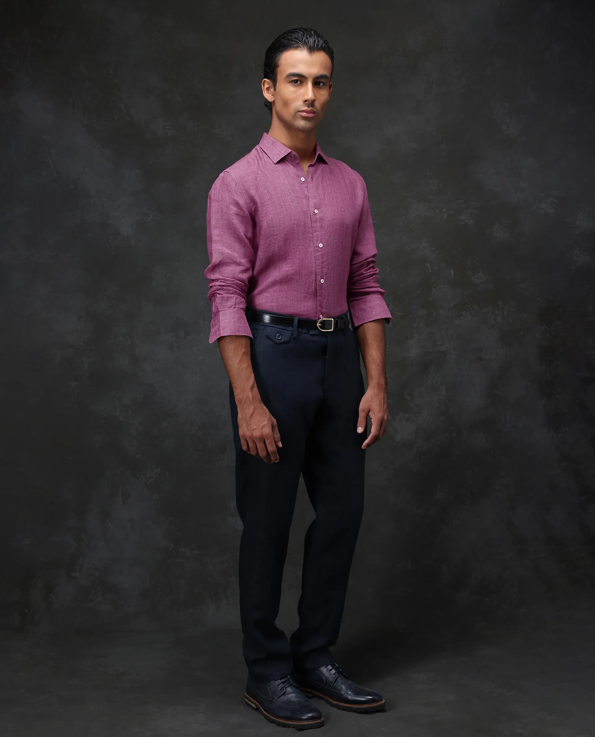 Rare Rabbit Men's Borium Dark Pink 100% Linen Plain Regular Fit Full Sleeve Collared Shirt - Image 4