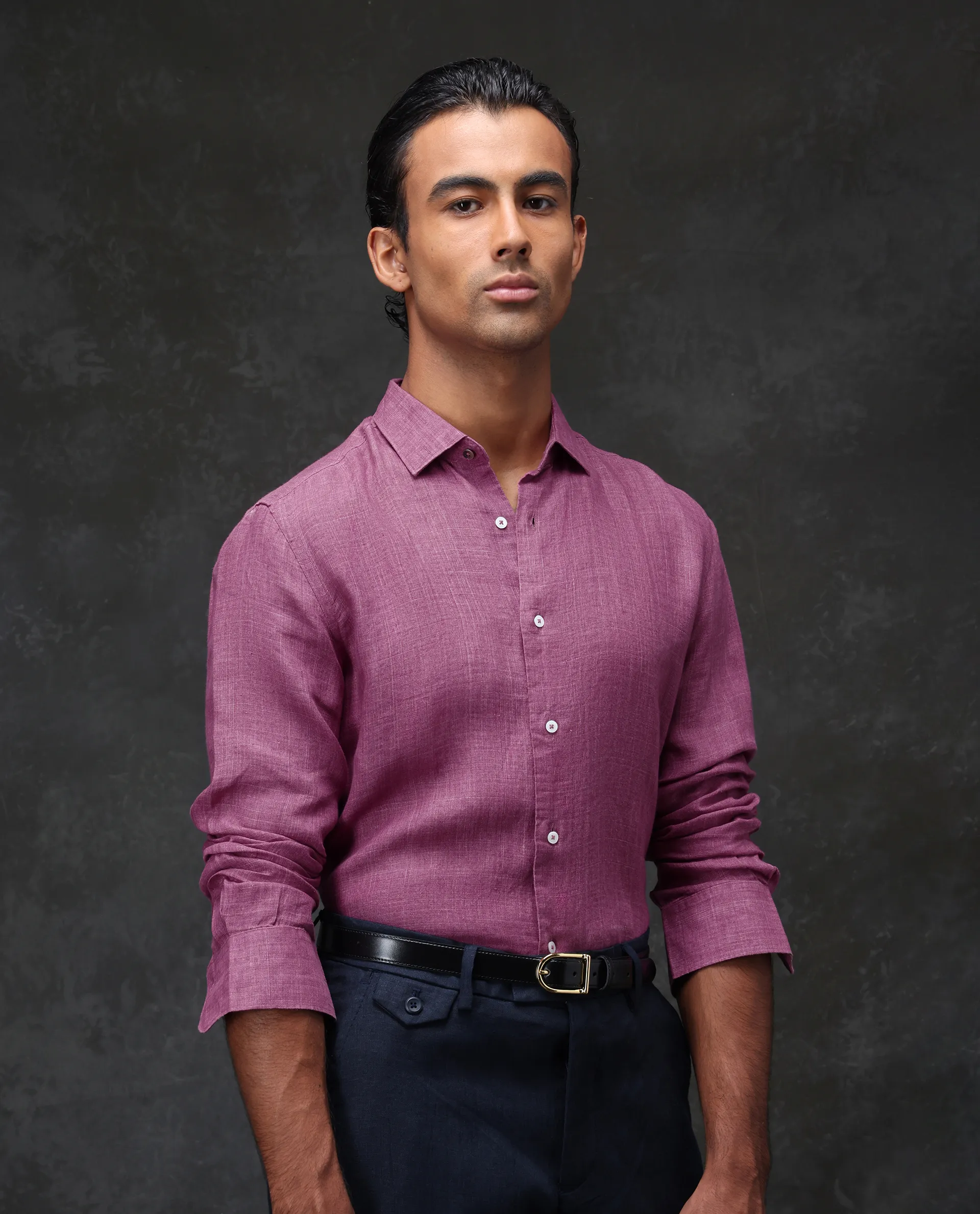 Rare Rabbit Men's Borium Dark Pink 100% Linen Plain Regular Fit Full Sleeve Collared Shirt - Image 5