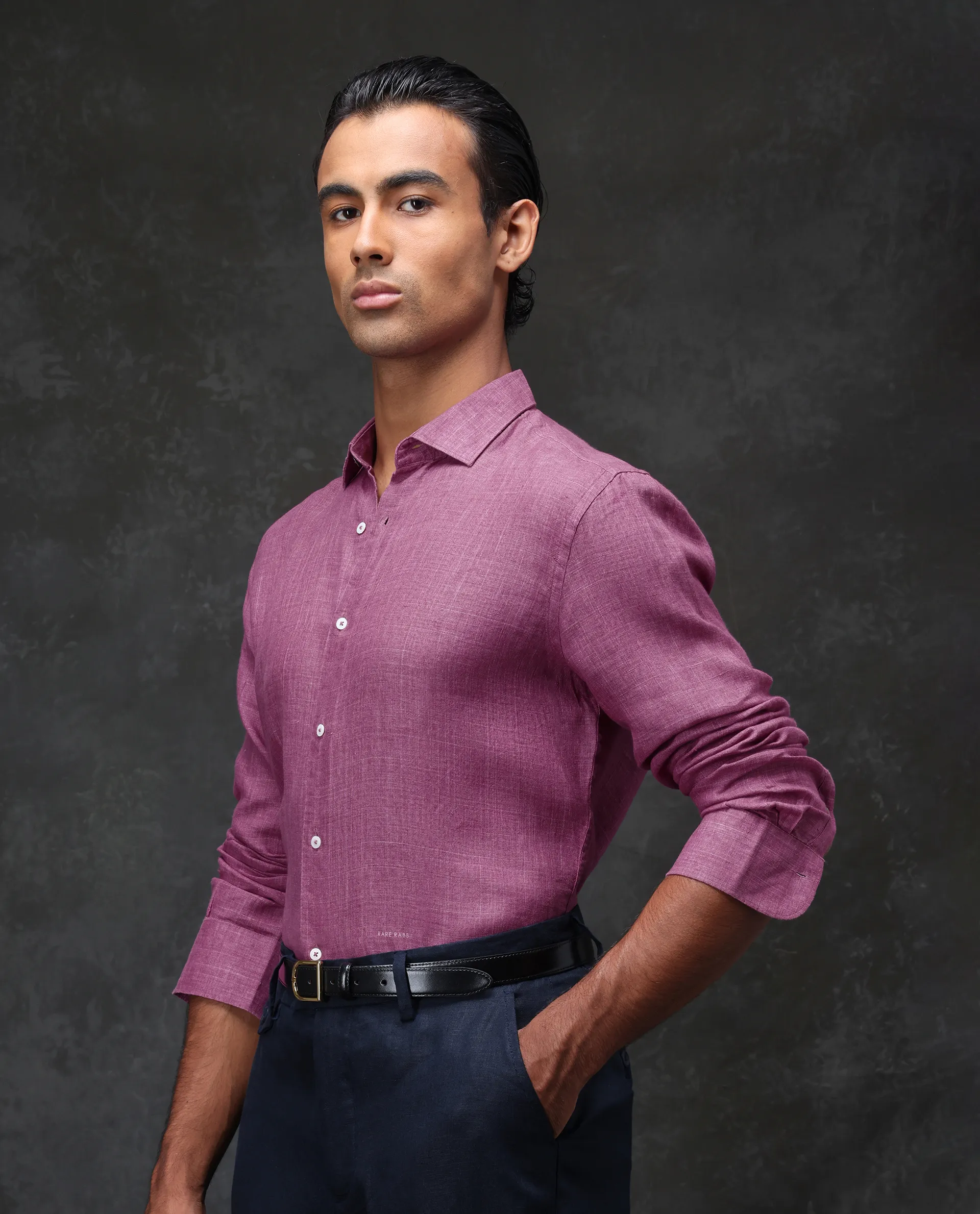 Rare Rabbit Men's Borium Dark Pink 100% Linen Plain Regular Fit Full Sleeve Collared Shirt - Image 7