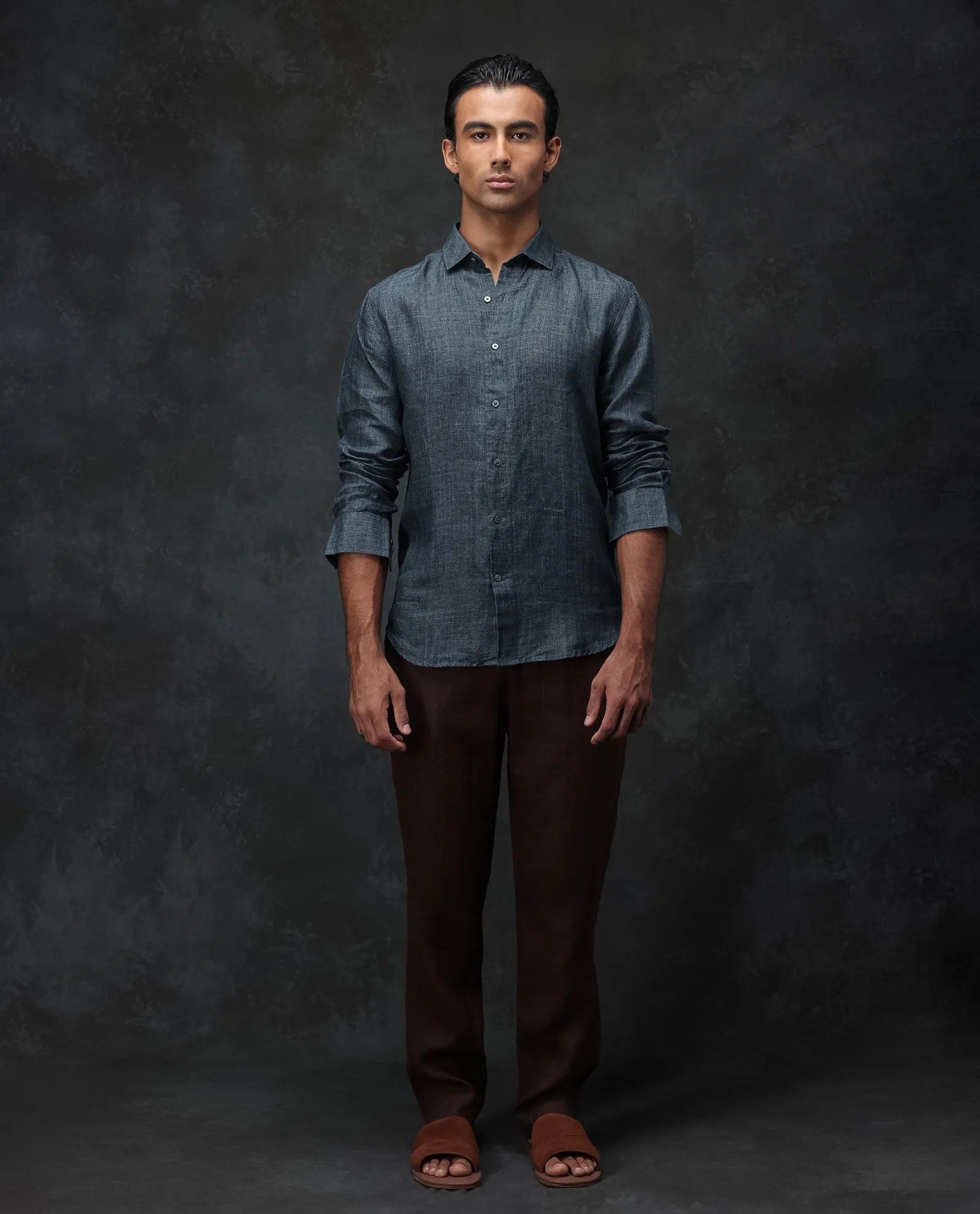 Rare Rabbit Men's Borium Green 100% Linen Plain Regular Fit Full Sleeve Collared Shirt - Image 3