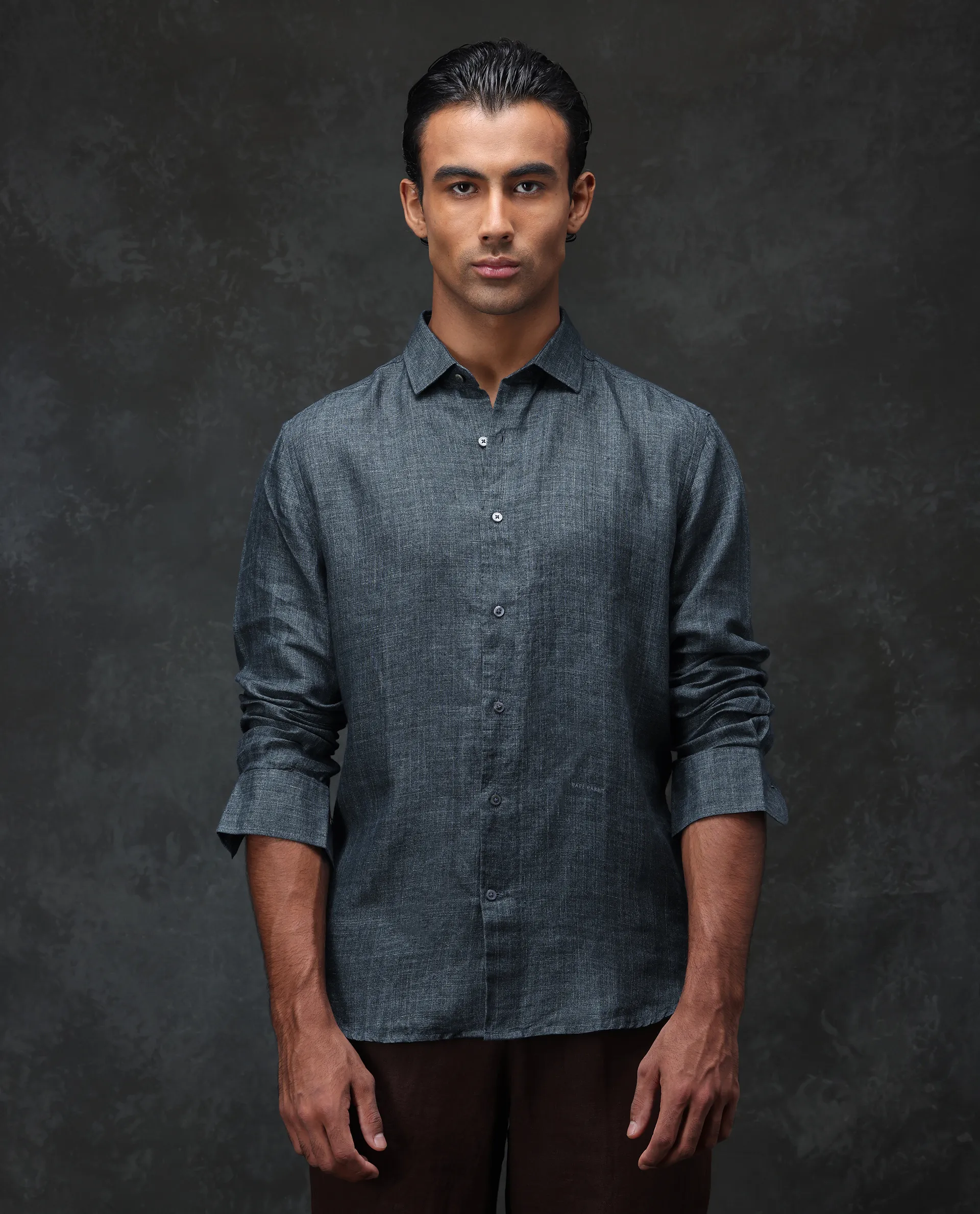 Rare Rabbit Men's Borium Green 100% Linen Plain Regular Fit Full Sleeve Collared Shirt - Image 4