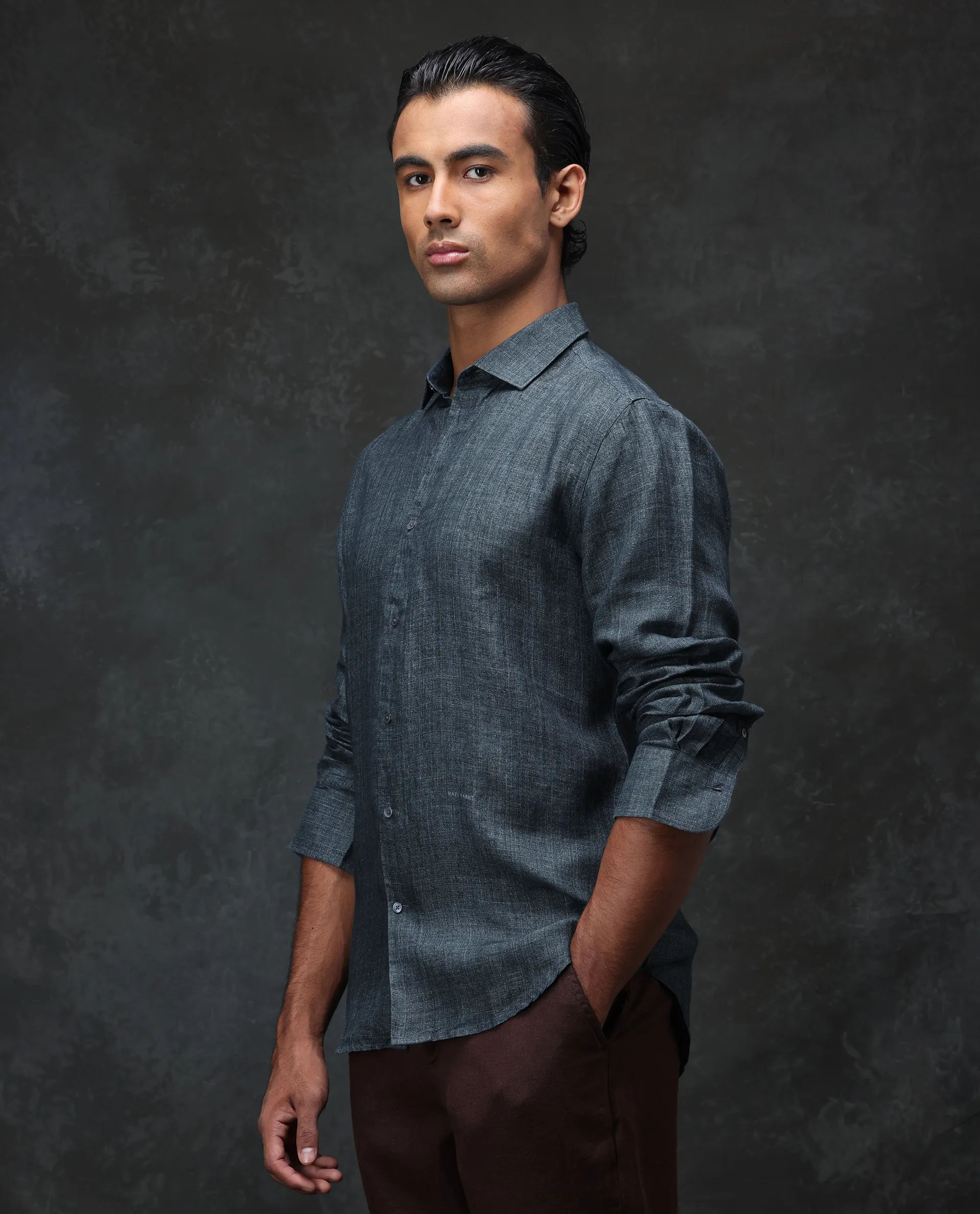 Rare Rabbit Men's Borium Green 100% Linen Plain Regular Fit Full Sleeve Collared Shirt - Image 5