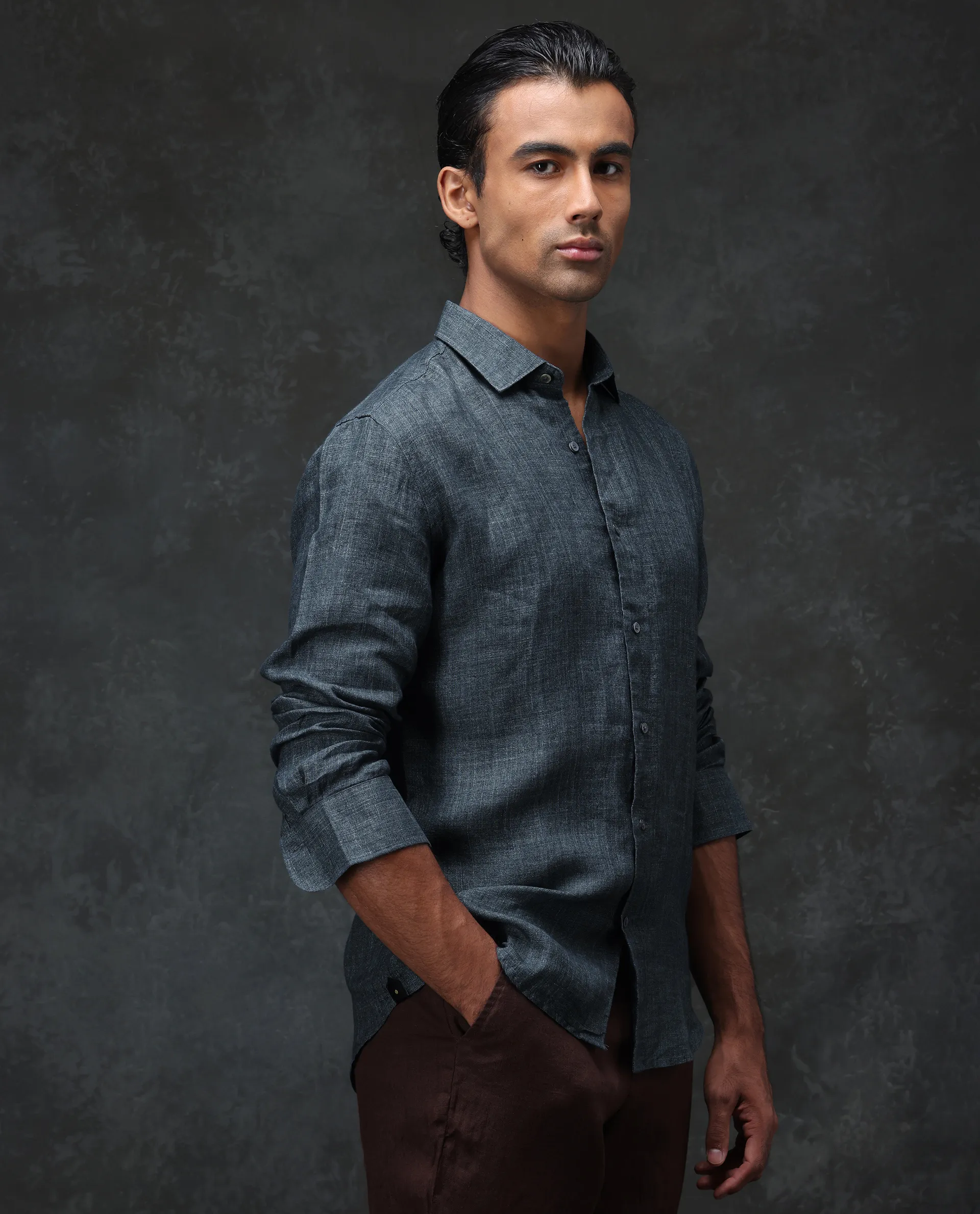 Rare Rabbit Men's Borium Green 100% Linen Plain Regular Fit Full Sleeve Collared Shirt - Image 6