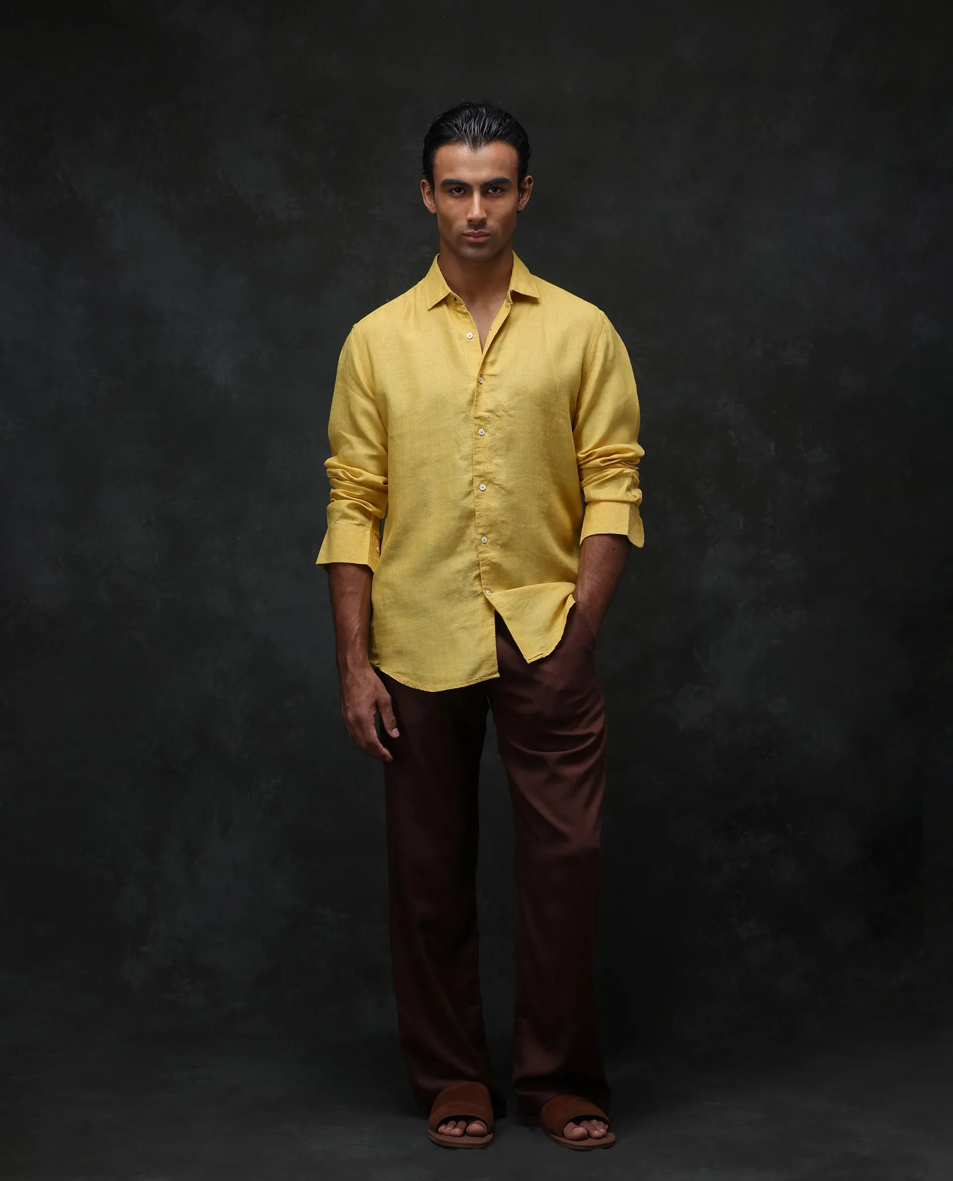 Rare Rabbit Men's Borium Yellow 100% Linen Plain Regular Fit Full Sleeve Collared Shirt - Image 2