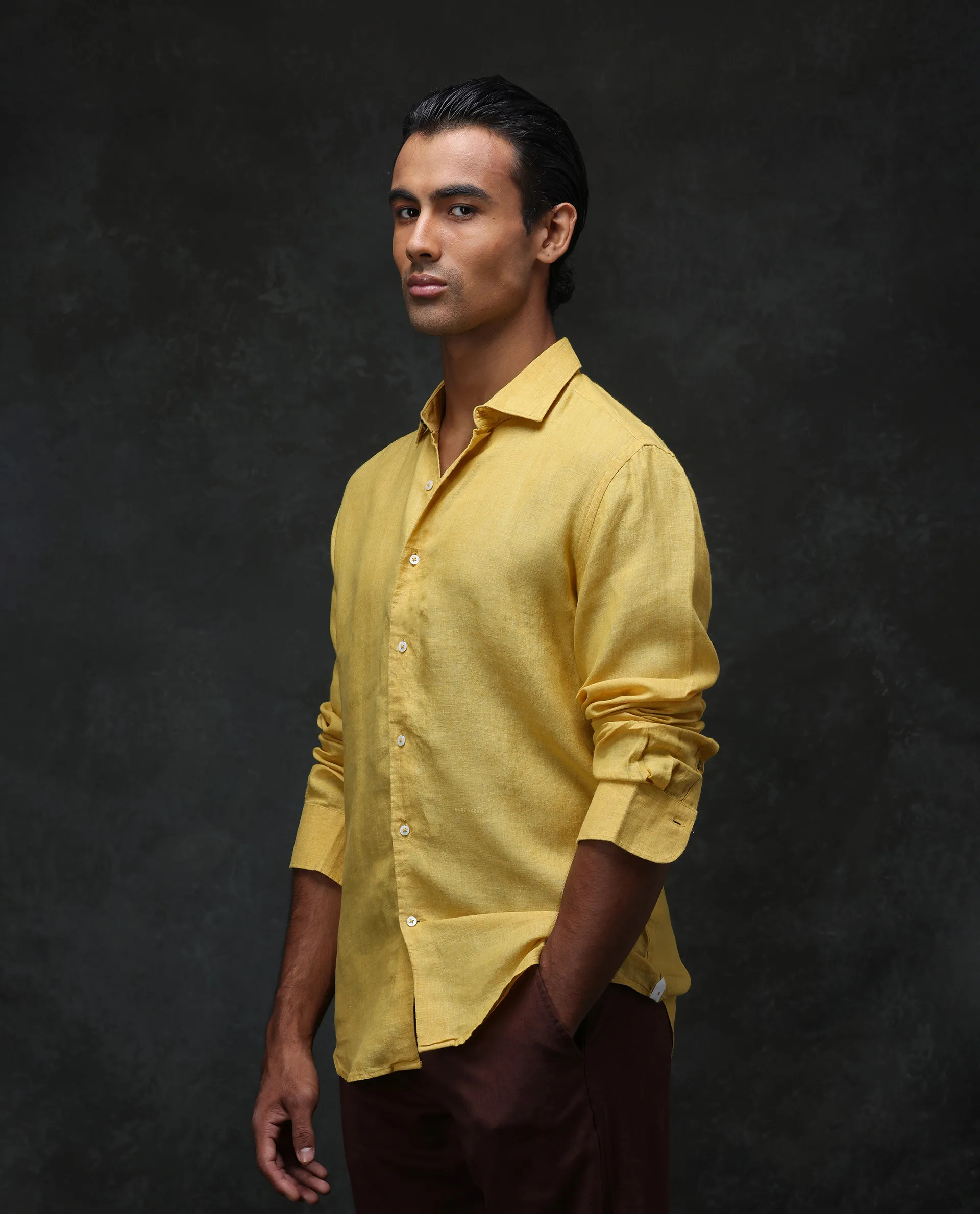 Rare Rabbit Men's Borium Yellow 100% Linen Plain Regular Fit Full Sleeve Collared Shirt - Image 3