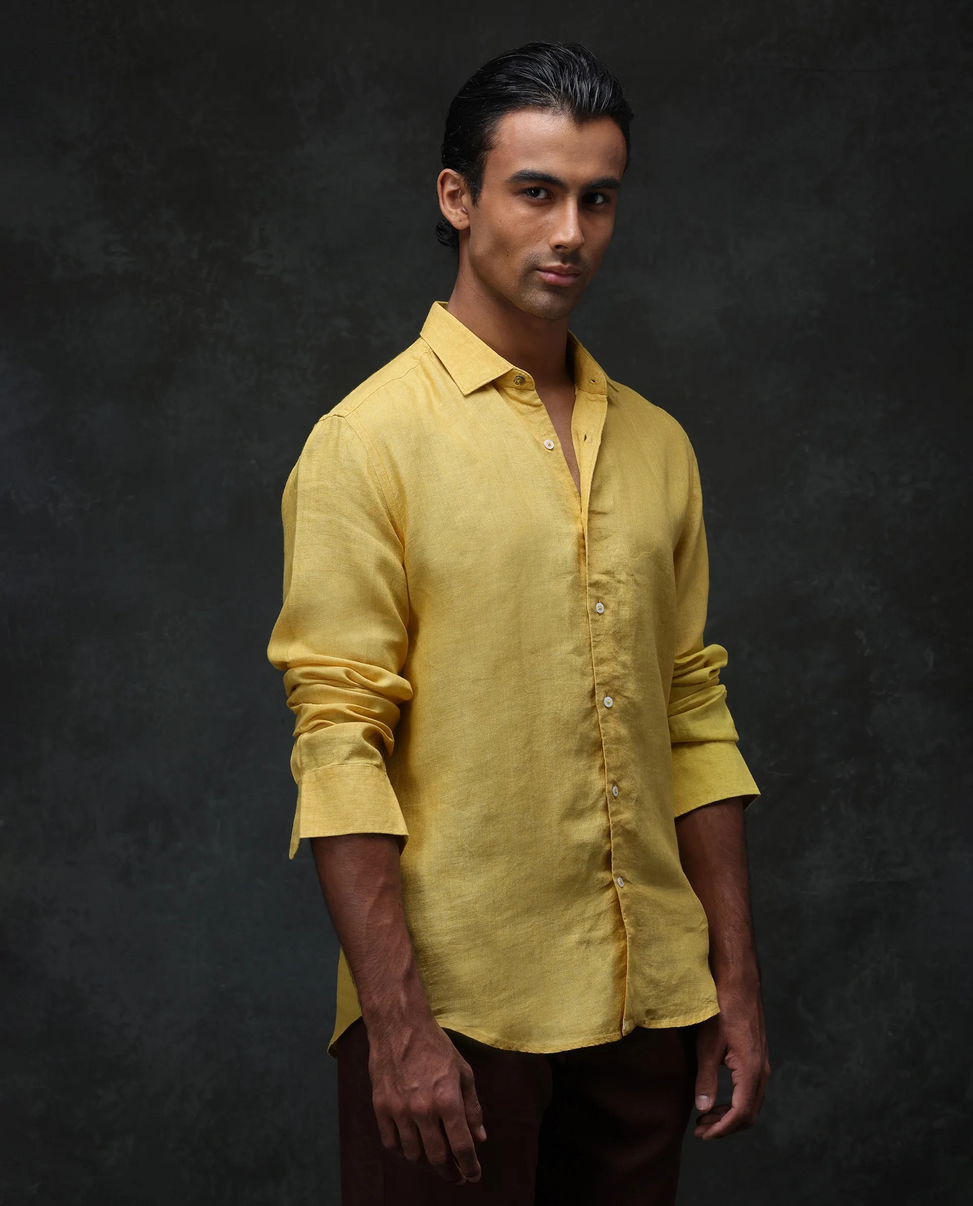 Rare Rabbit Men's Borium Yellow 100% Linen Plain Regular Fit Full Sleeve Collared Shirt - Image 4