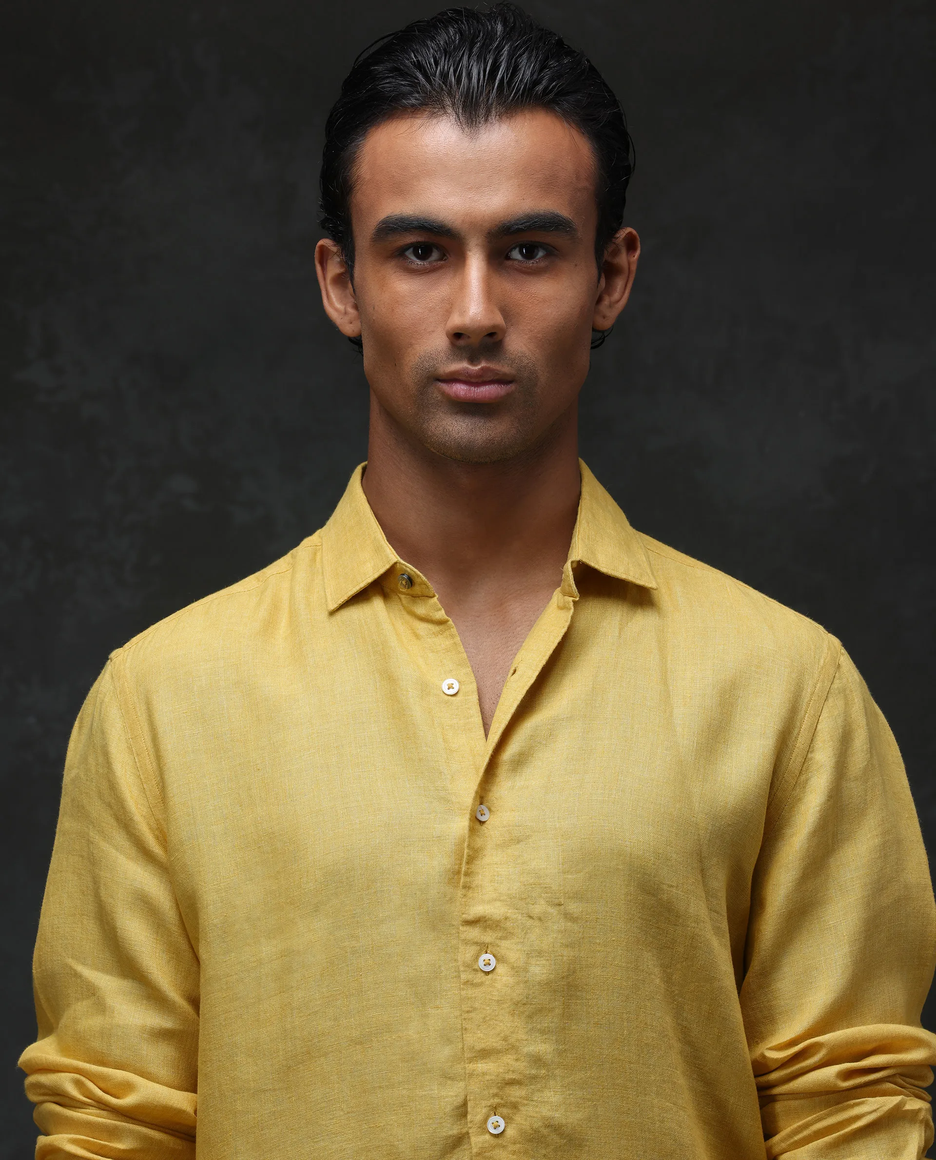 Rare Rabbit Men's Borium Yellow 100% Linen Plain Regular Fit Full Sleeve Collared Shirt - Image 5