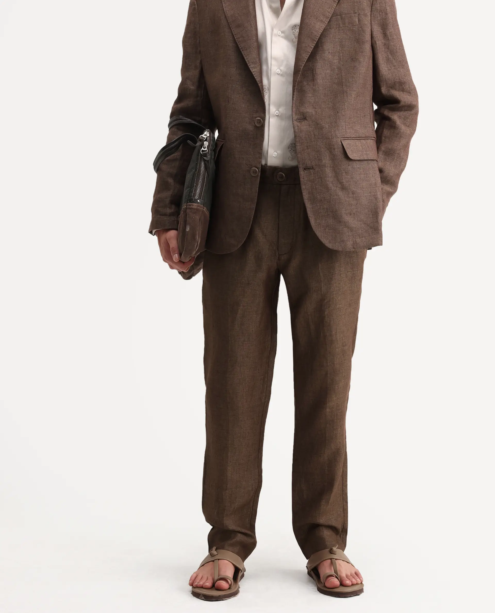 Rare Rabbit Men's Borium-T Brown Linen Fabric Regular Fit Plain Trouser - Image 2