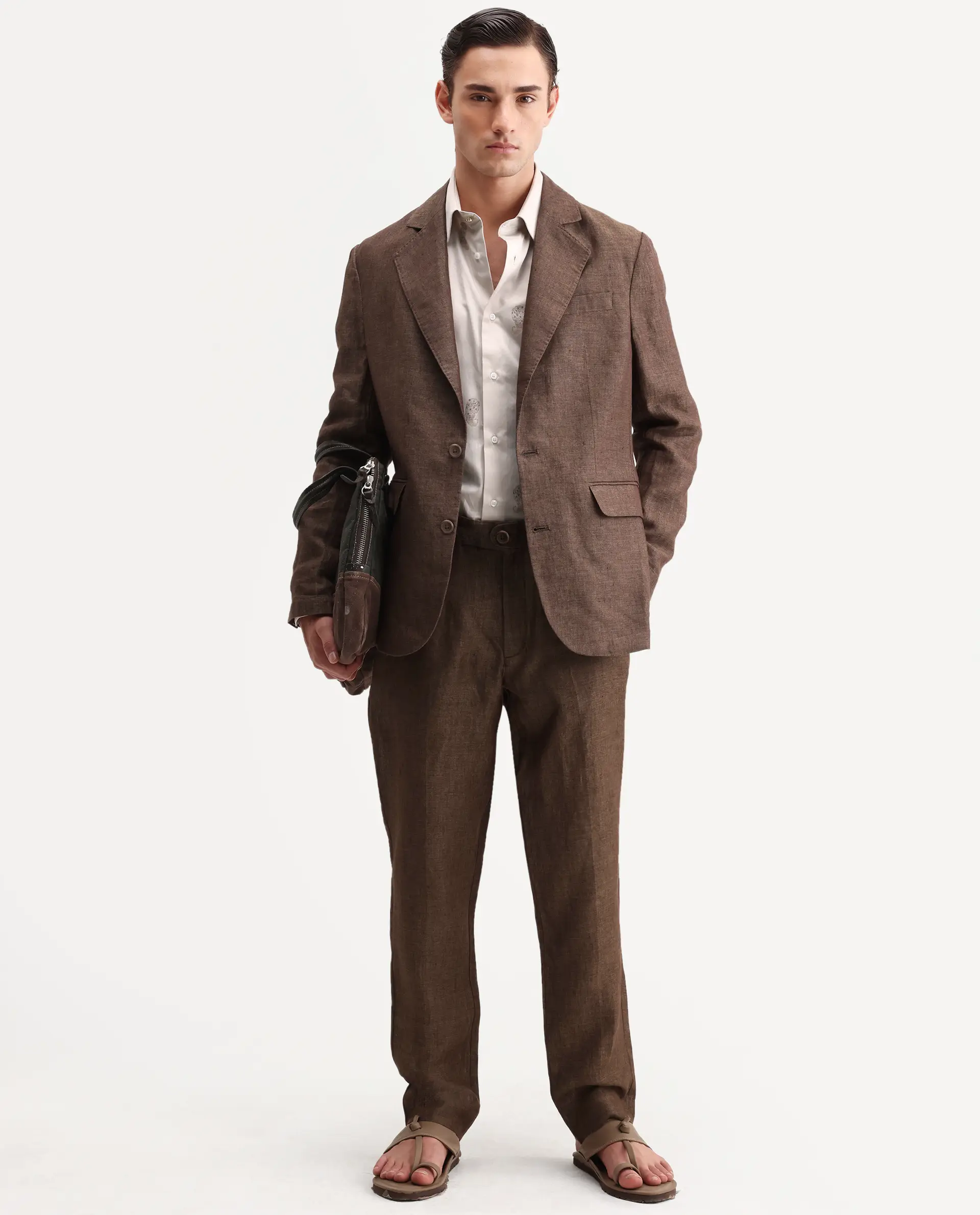 Rare Rabbit Men's Borium-T Brown Linen Fabric Regular Fit Plain Trouser - Image 6