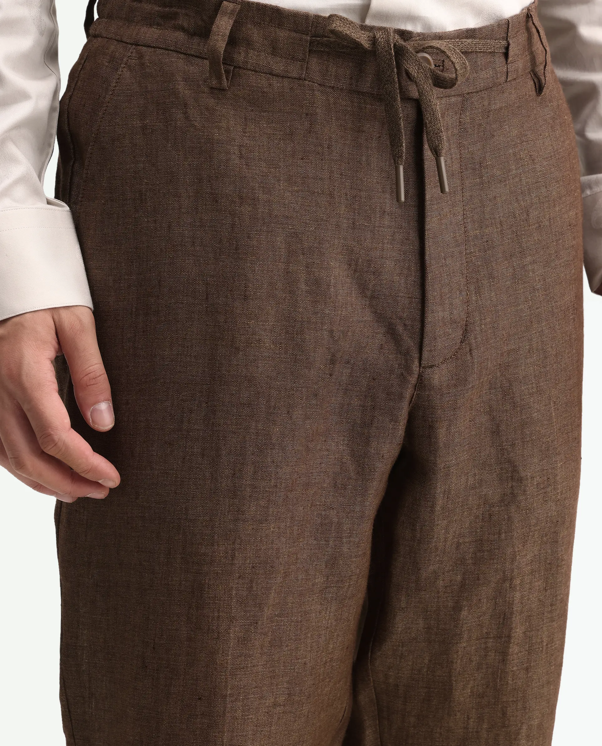 Rare Rabbit Men's Borium-T Brown Linen Fabric Regular Fit Plain Trouser - Image 7
