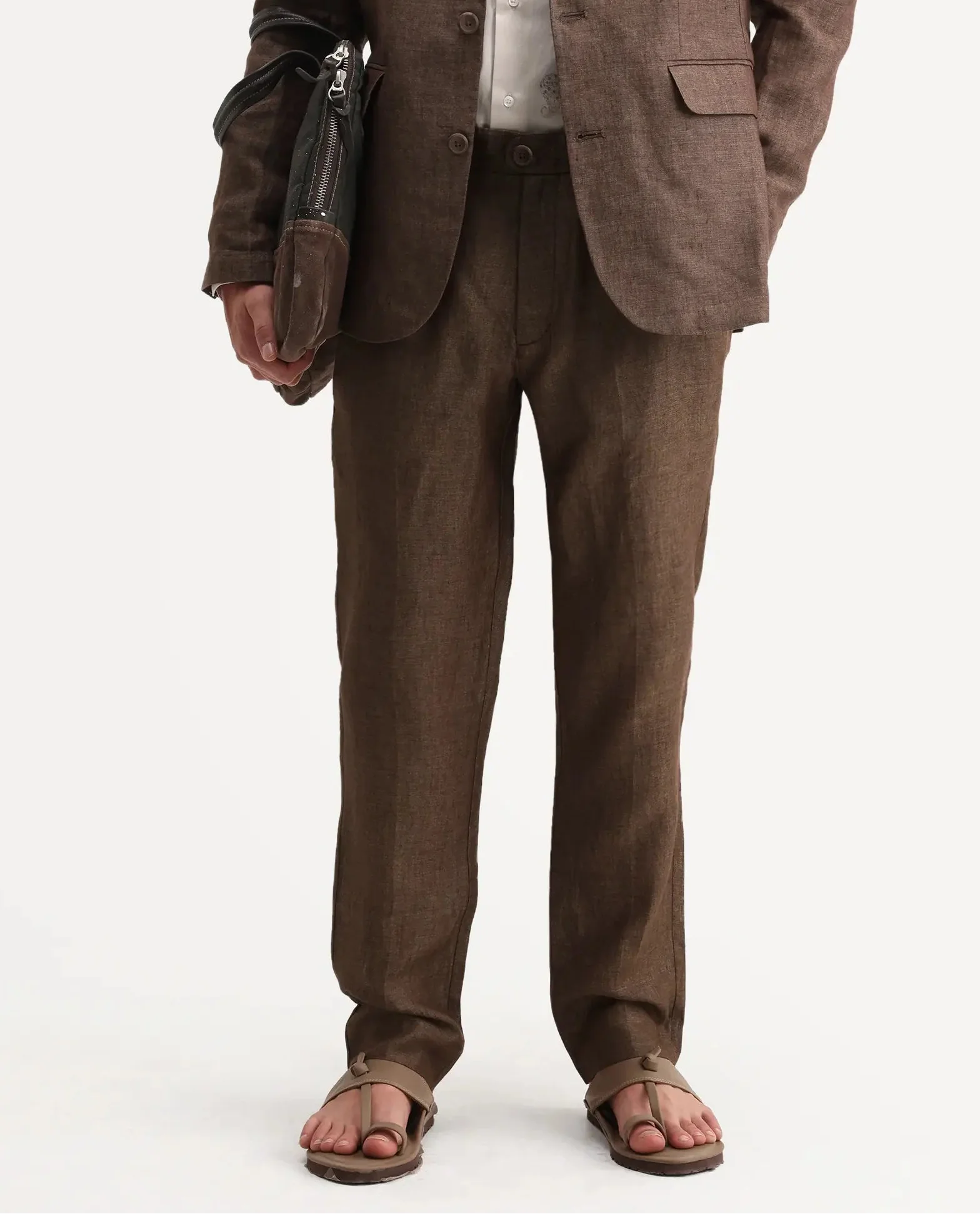 Rare Rabbit Men's Borium-T Brown Linen Fabric Regular Fit Plain Trouser - Image 9