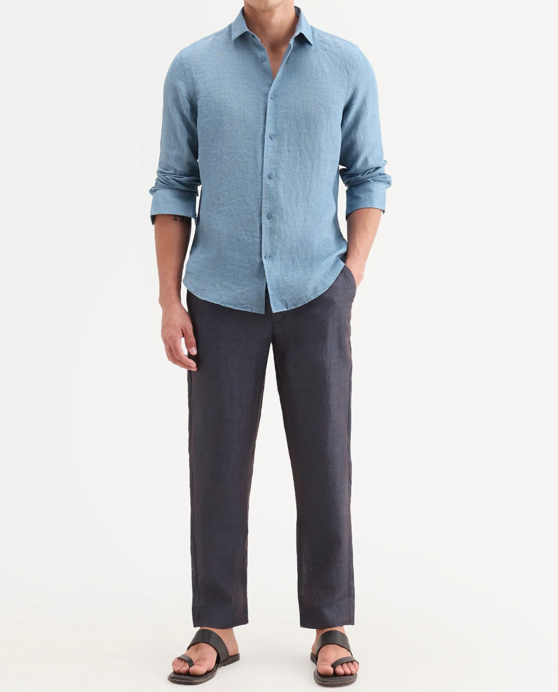Rare Rabbit Men's Borium-T Dark Blue Linen Fabric Regular Fit Plain Trouser - Image 2