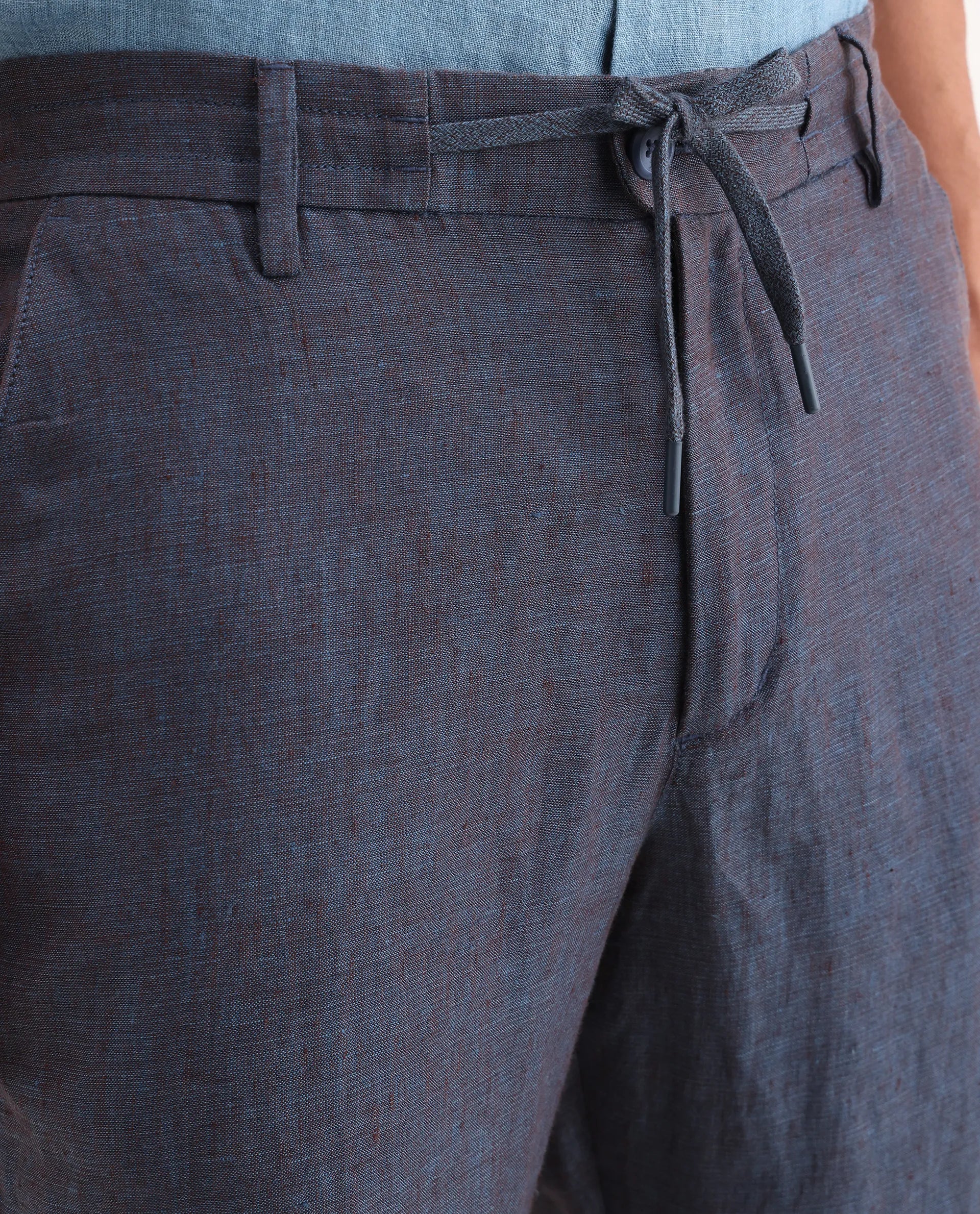 Rare Rabbit Men's Borium-T Dark Blue Linen Fabric Regular Fit Plain Trouser - Image 3
