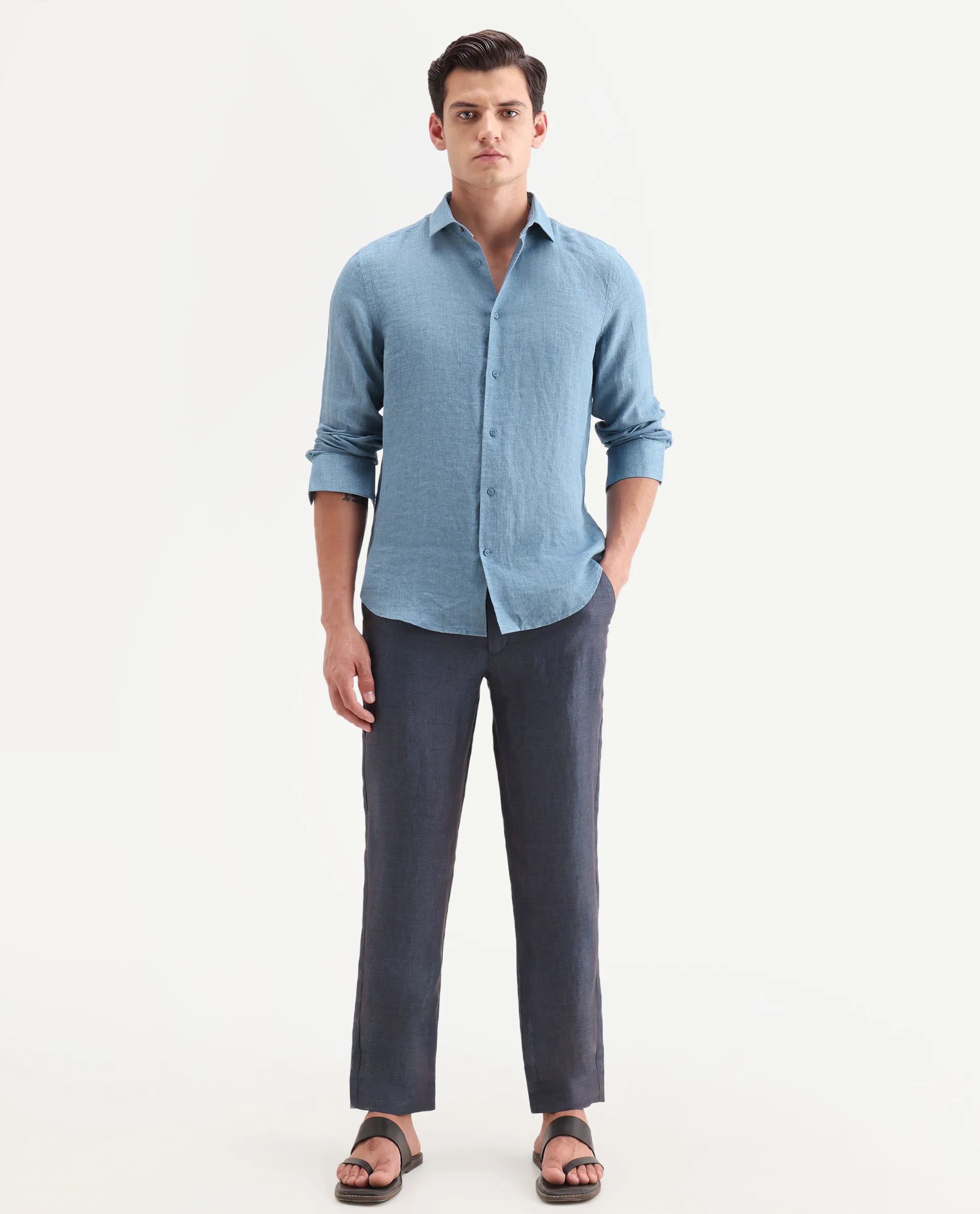 Rare Rabbit Men's Borium-T Dark Blue Linen Fabric Regular Fit Plain Trouser - Image 4