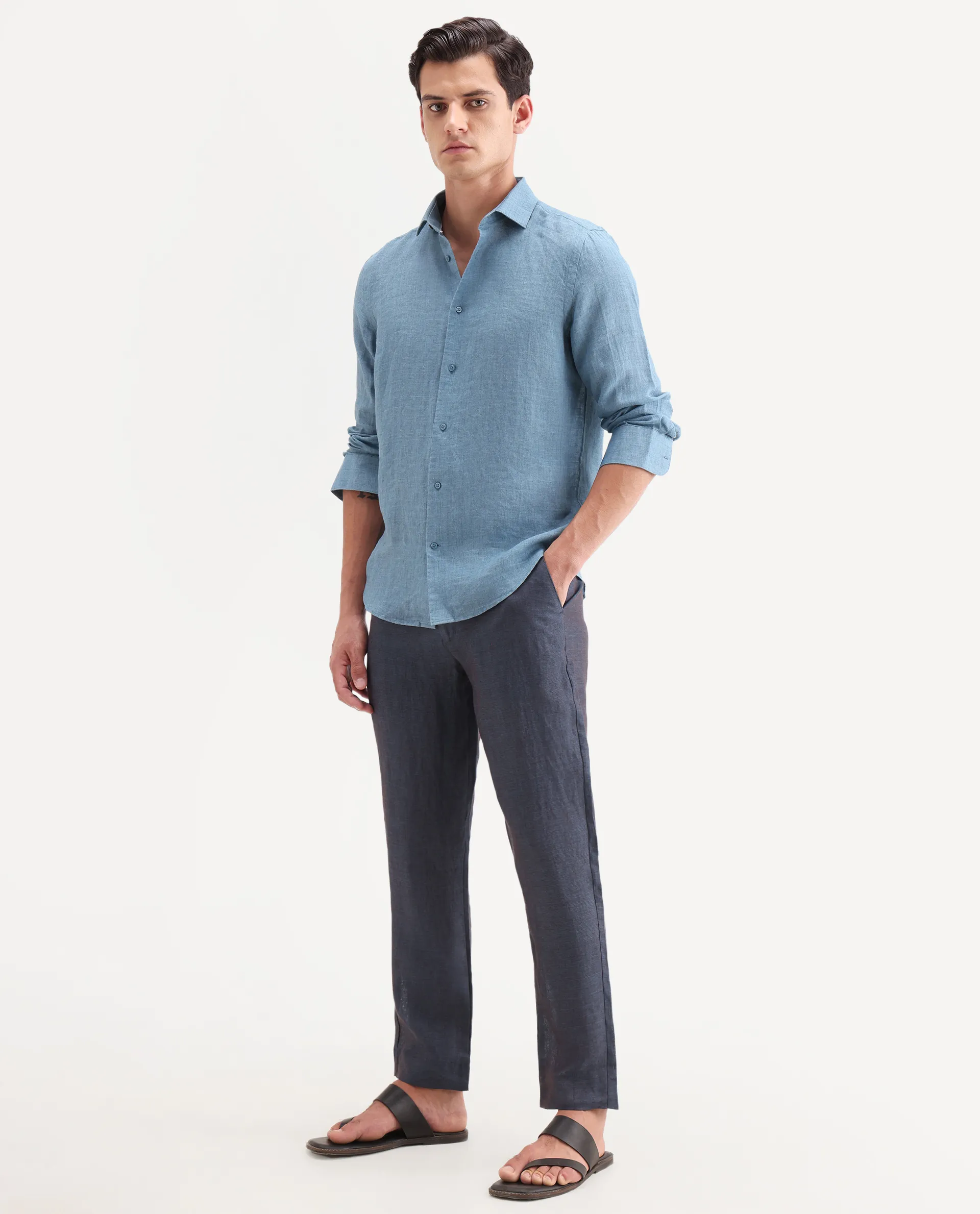Rare Rabbit Men's Borium-T Dark Blue Linen Fabric Regular Fit Plain Trouser - Image 5